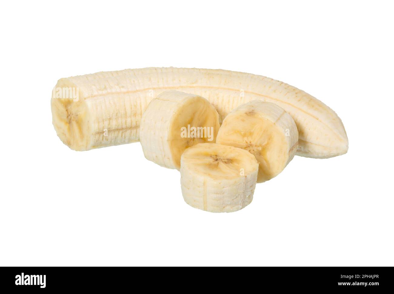 Bananen schneiden Früchte isoliert auf weißem Hintergrund. Geschälte geschnittene Bananen. Stockfoto