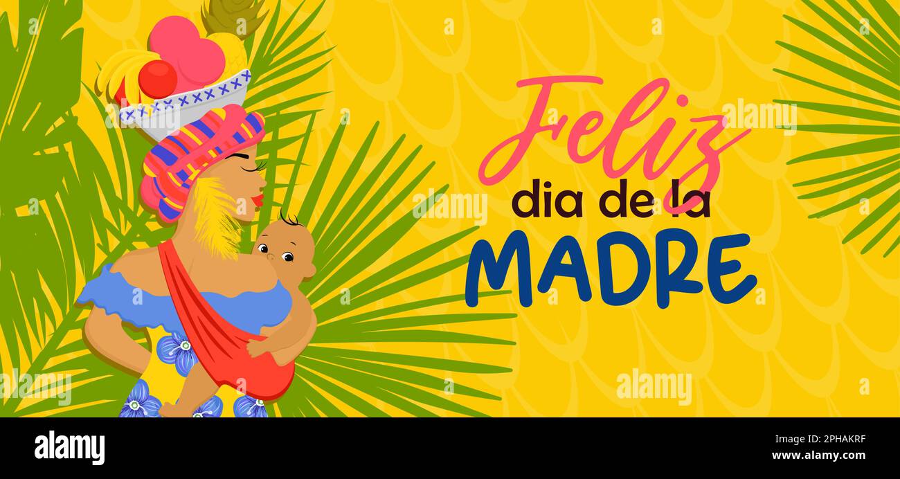 Kolumbianische Muttertag-Gruß-Banner-Vorlage, leuchtende Muttertag-Flyer afrocolombianische Frau. Auf Spanisch: Happy Mother's Day Stock Vektor
