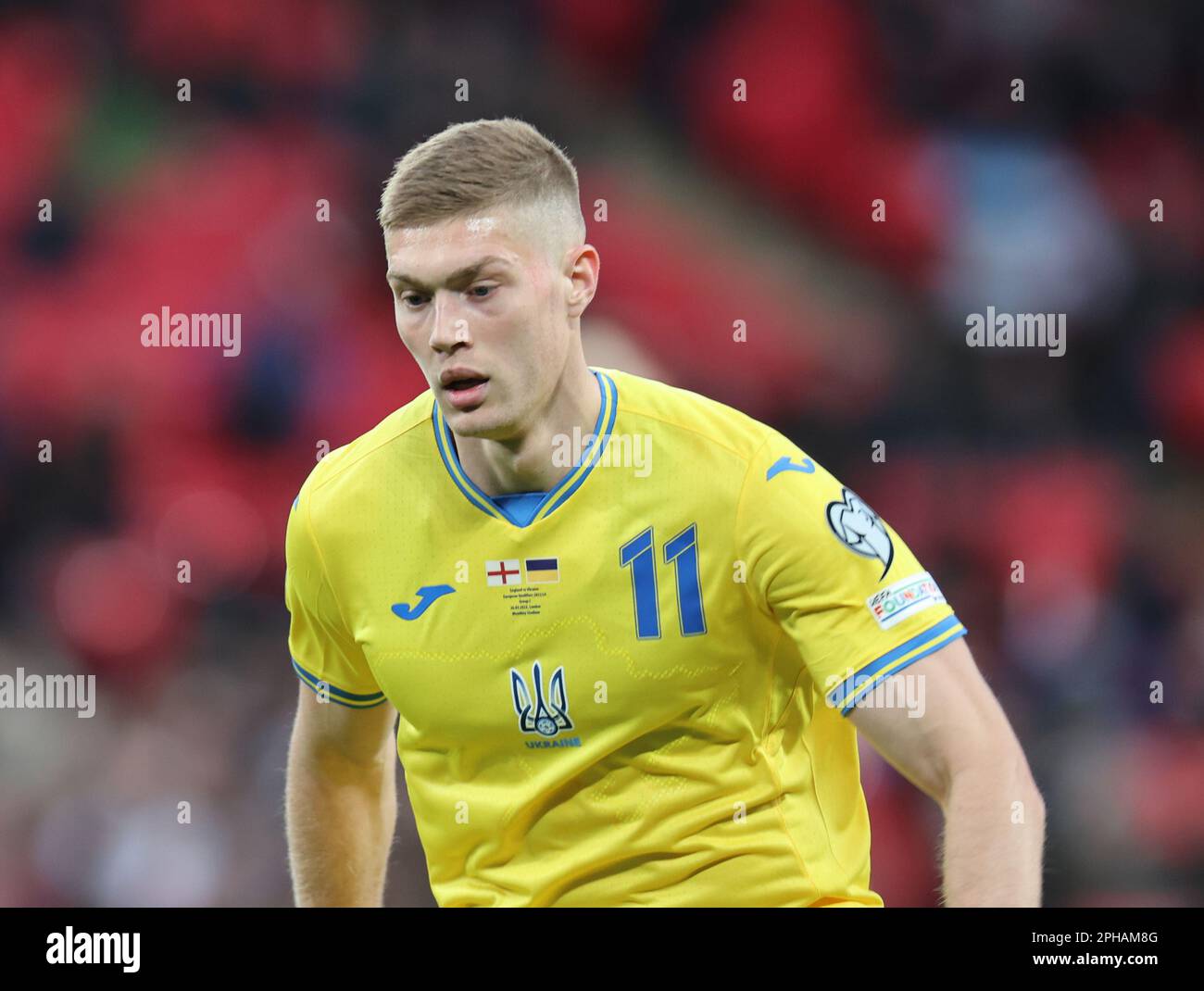 Artem Dovbyk (Dnipro-1) der Ukraine während des Spiels der UEFA EURO 2024-Qualifikationsrunde C zwischen England und der Ukraine am 26. März in Wembley, London Stockfoto