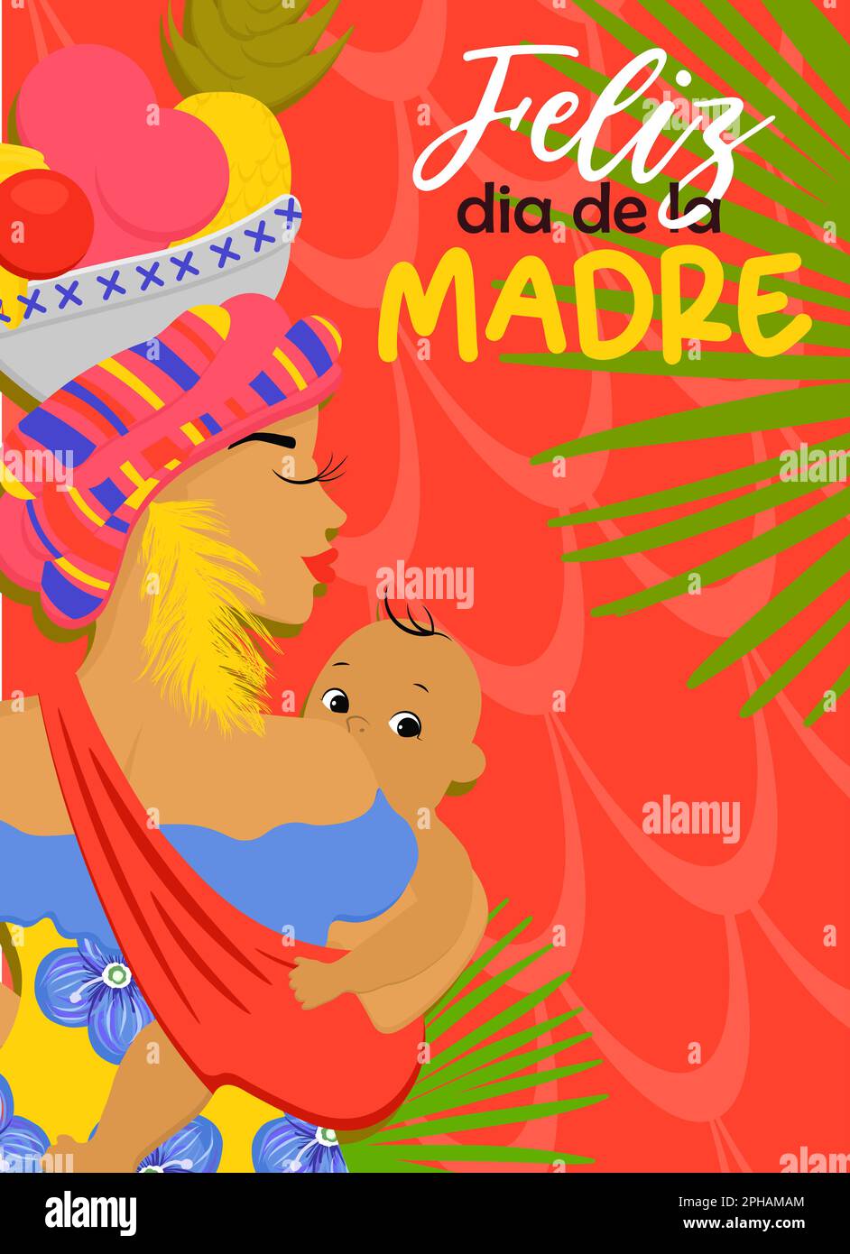 Kolumbianische Muttertag-Gruß-Banner-Vorlage, leuchtende Muttertag-Flyer afrocolombianische Frau. Auf Spanisch: Happy Mother's Day Stock Vektor