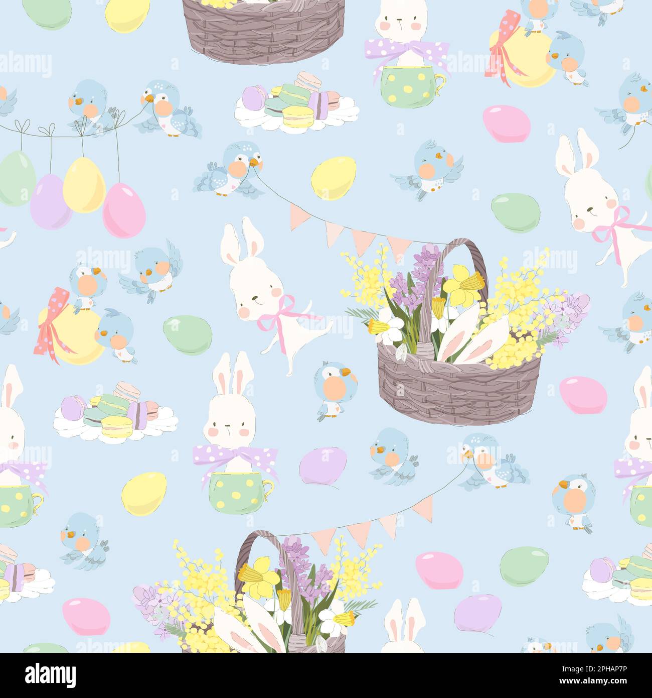 Nahtloses Muster mit süßen weißen Bunnies, Blumen und Ostereiern Stock Vektor