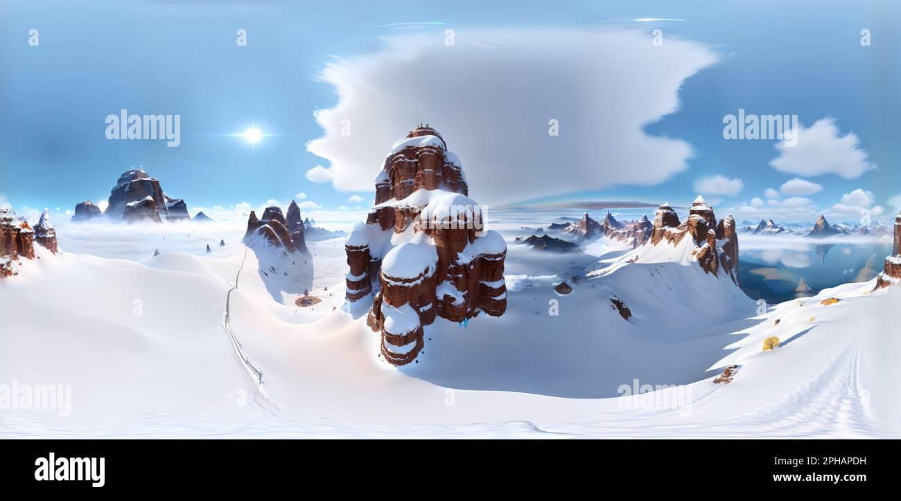 360 Panoramablick auf eine verschneite Berglandschaft. Nahtlose HDRI-Skybox als Hintergrund in der rechteckigen sphärischen Projektion für VR-Inhalte. Stockfoto