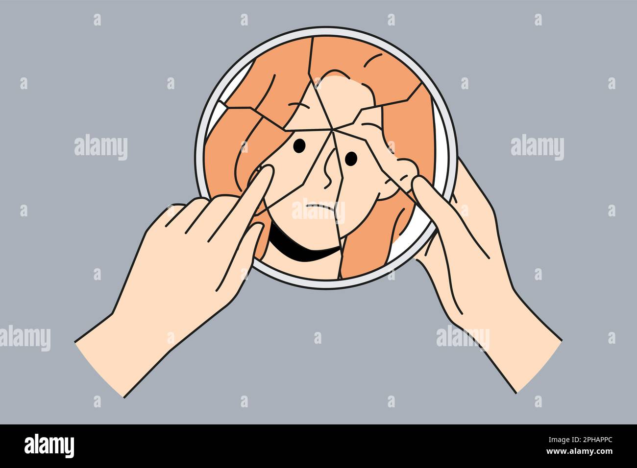 Weiblicher Blick in zerbrochenen Spiegel leidet an bipolarer Störung. Unglückliches Mädchen mit Persönlichkeitsstörung. Psychische und psychische Probleme. Vektordarstellung. Stock Vektor