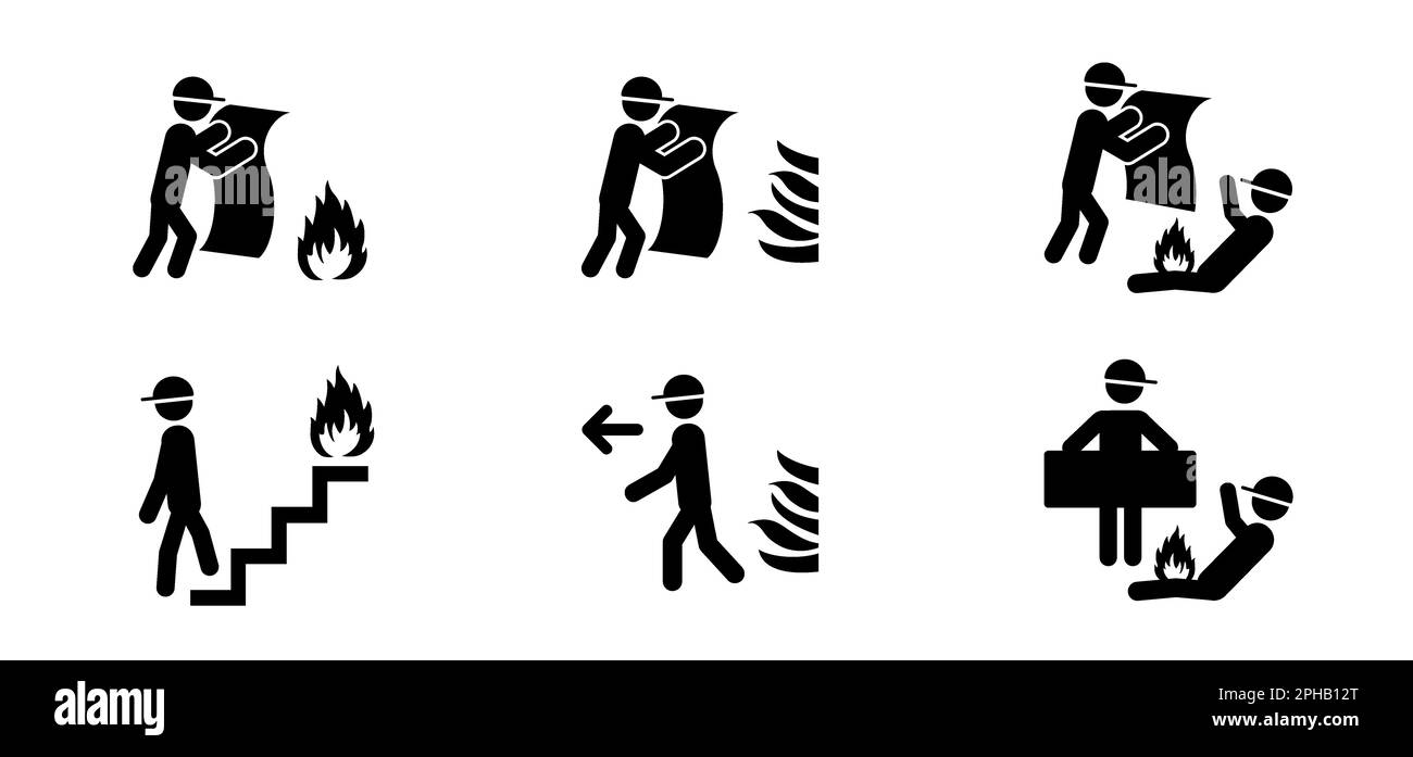 Symbol für Feuerlöschdecke oder Löschdecke. Mann mit Feuerflamme. Stopp, nicht schießen. Zur Evakuierung von Piktogrammen oder Schildern und Schildern. Warnung, gefährlich Stockfoto