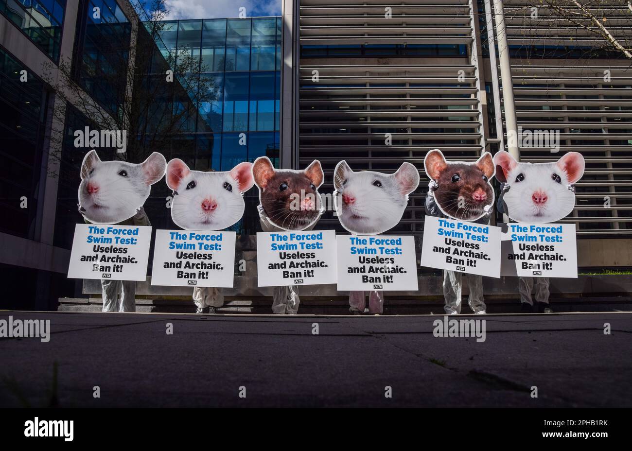 London, Großbritannien. 27. März 2023. PETA-Aktivisten halten während der Demonstration außerhalb des Innenministeriums, das für die Regulierung von Tierversuchen verantwortlich ist, riesige Mäuse- und Rattenmasken und Plakate gegen erzwungene Schwimmversuche. PETA (People for the Ethical Treatment of Animals) fordert die britische Regierung auf, eine Politik einzuführen, die erzwungene Schwimmversuche mit Mäusen und Ratten verbietet, die die Tierschutzorganisation als "grausam", "nutzlos" und "archaisch" bezeichnet. Kredit: SOPA Images Limited/Alamy Live News Stockfoto