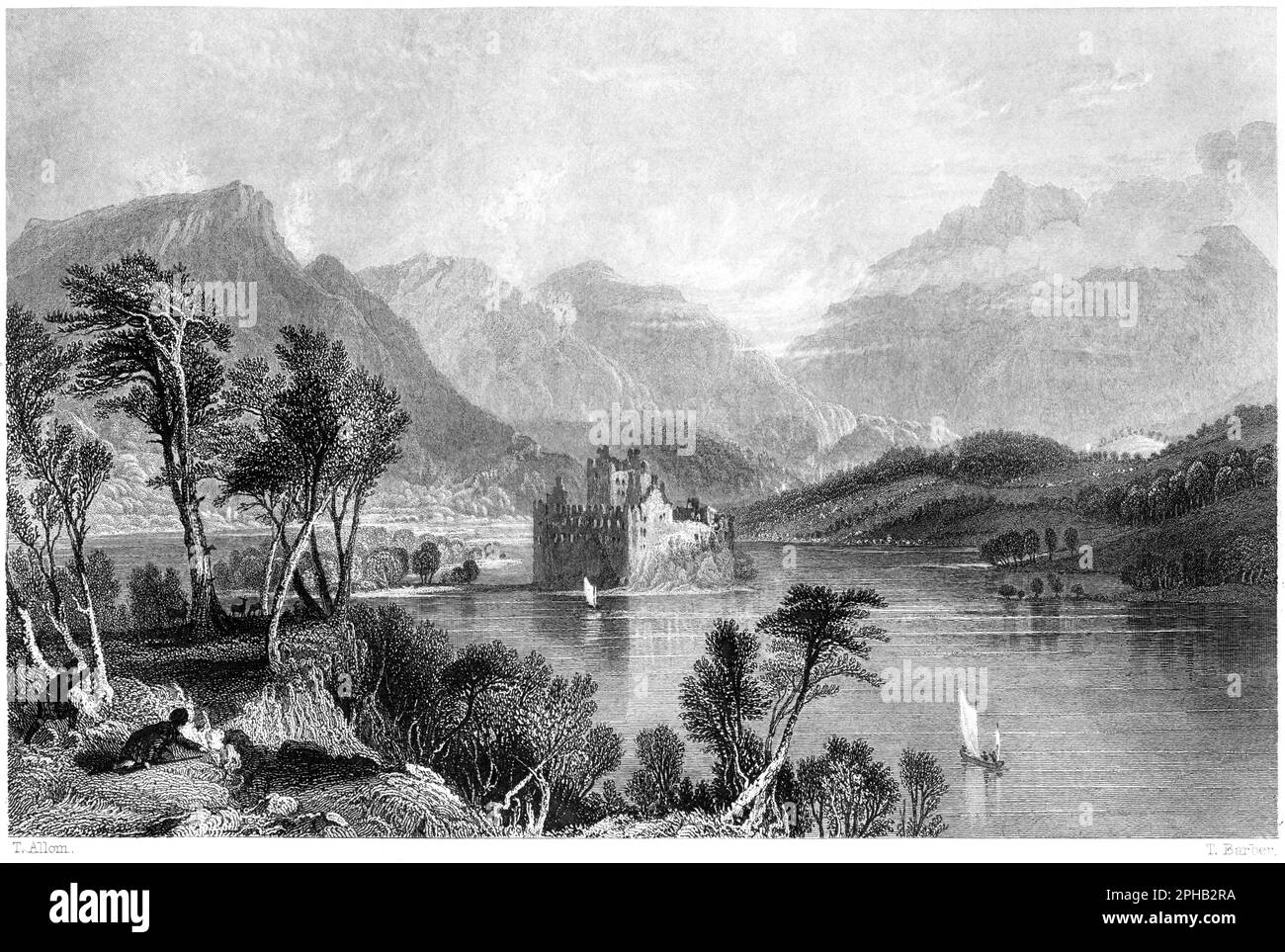Eine Gravur von Kilchurn Castle, Loch Awe mit Blick auf Dalmally, Argyleshire, Schottland, Großbritannien, gescannt mit hoher Auflösung von einem 1840 gedruckten Buch. Stockfoto