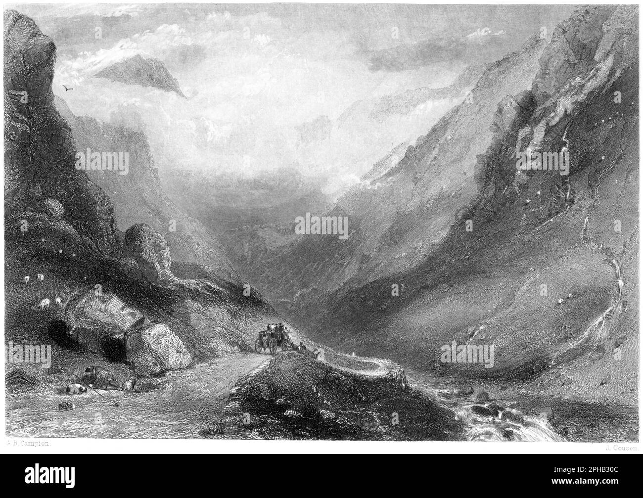 Eine Gravur des Tals von Glencroe (Glen Croe), Argyleshire, Schottland, Großbritannien, gescannt mit hoher Auflösung aus einem 1840 gedruckten Buch. Stockfoto