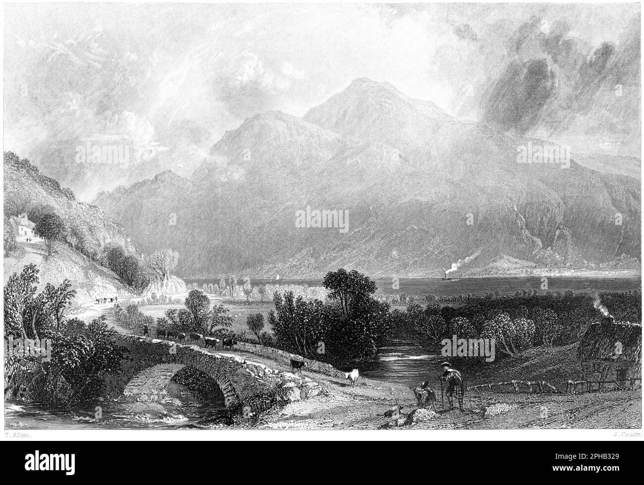 Eine Gravur von Ben Lomond aus Inveruglas, Dunbartonshire, Schottland, Großbritannien, gescannt mit hoher Auflösung aus einem 1840 gedruckten Buch. Stockfoto