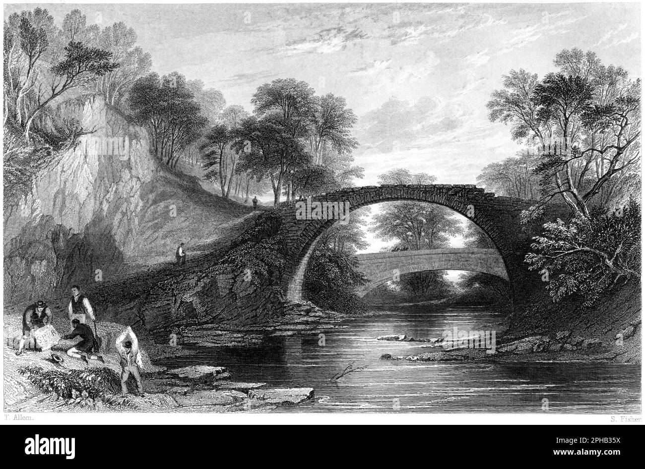 Eine Gravur der römischen Brücke über das Moose (Maus)-Wasser, Lanark, Schottland, Großbritannien, gescannt mit hoher Auflösung aus einem 1840 gedruckten Buch. Stockfoto