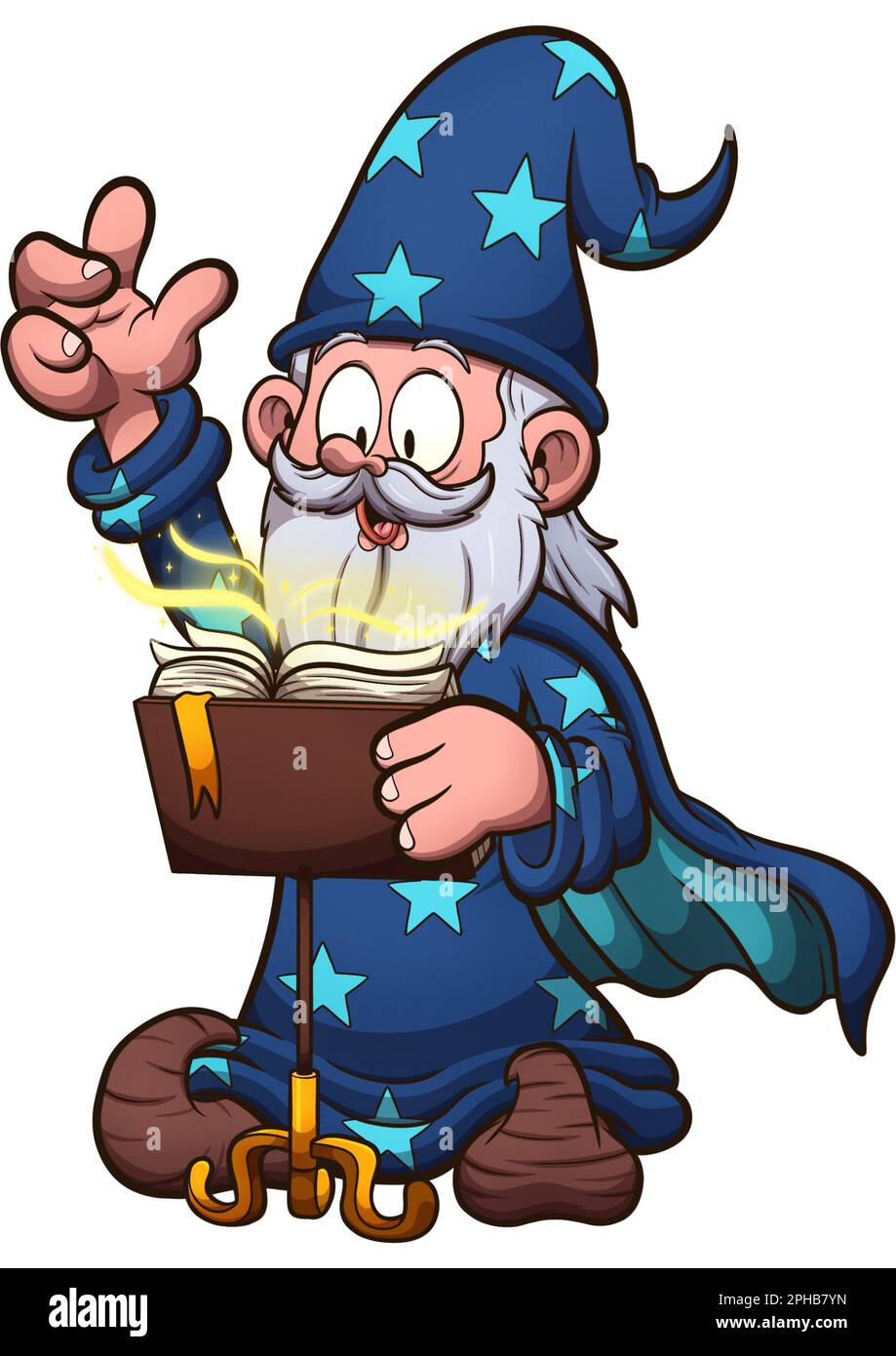 Zauberer, der Einen Zauberspruch ausspricht. Clip-Art-Illustration mit einfachen Verläufen. Alles in einer einzigen Schicht. Stockfoto