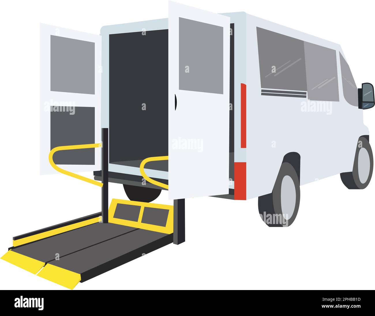 Ein spezielles Fahrzeug mit gelber Bar und Geländer, Bus mit Auffahrt für Menschen mit Behinderungen und ältere Menschen. Rollstuhl-Taxi-Konzept. Stockfoto