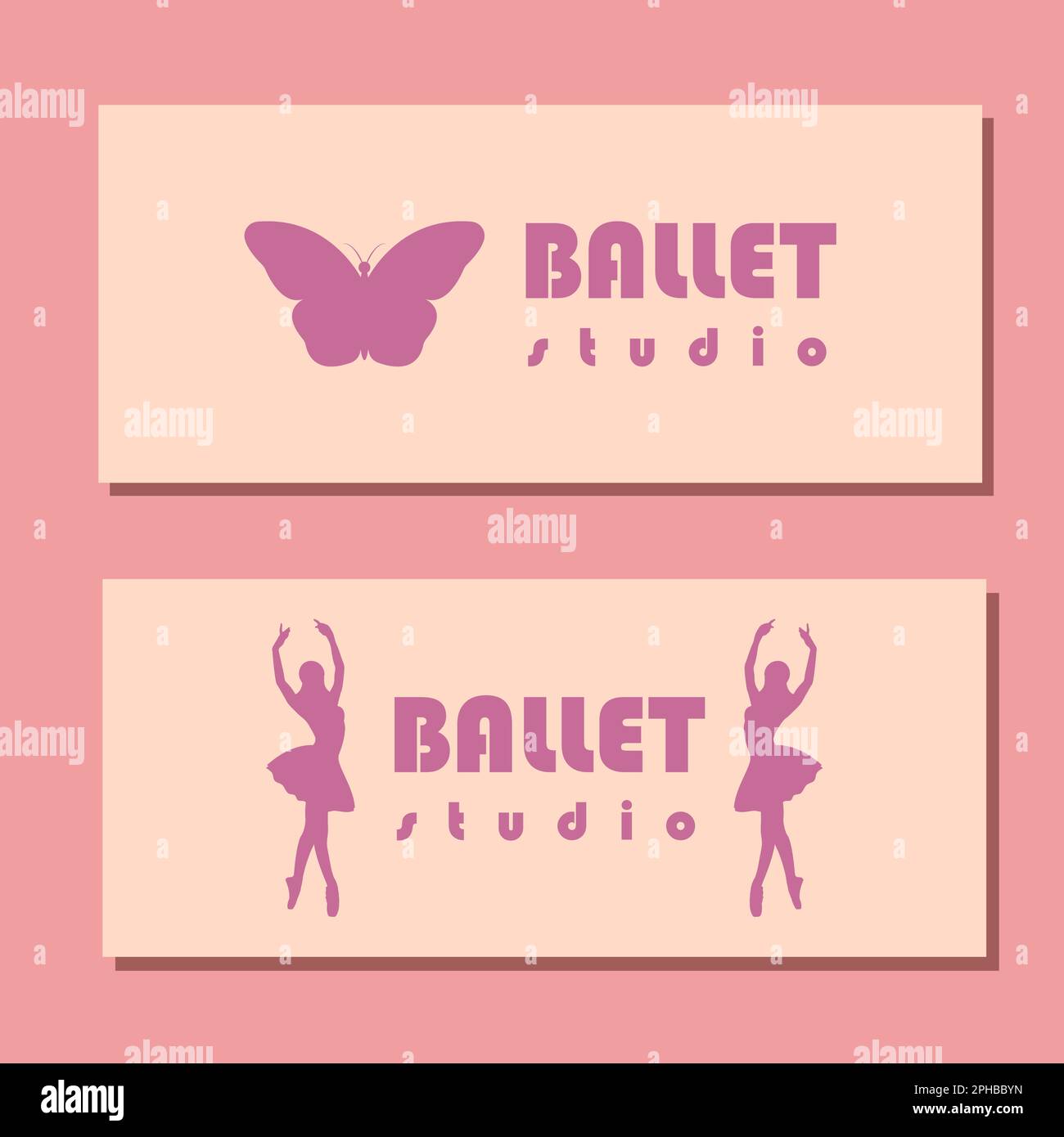 Entwurf von Theaterkarten. Ballettschüler-Flyer-Vorlage. Ballerina-Silhouette im Tutu- und pointe-Schuh mit Schmetterling. Braune und lilafarbene Karte. Vektordarstellung Stock Vektor