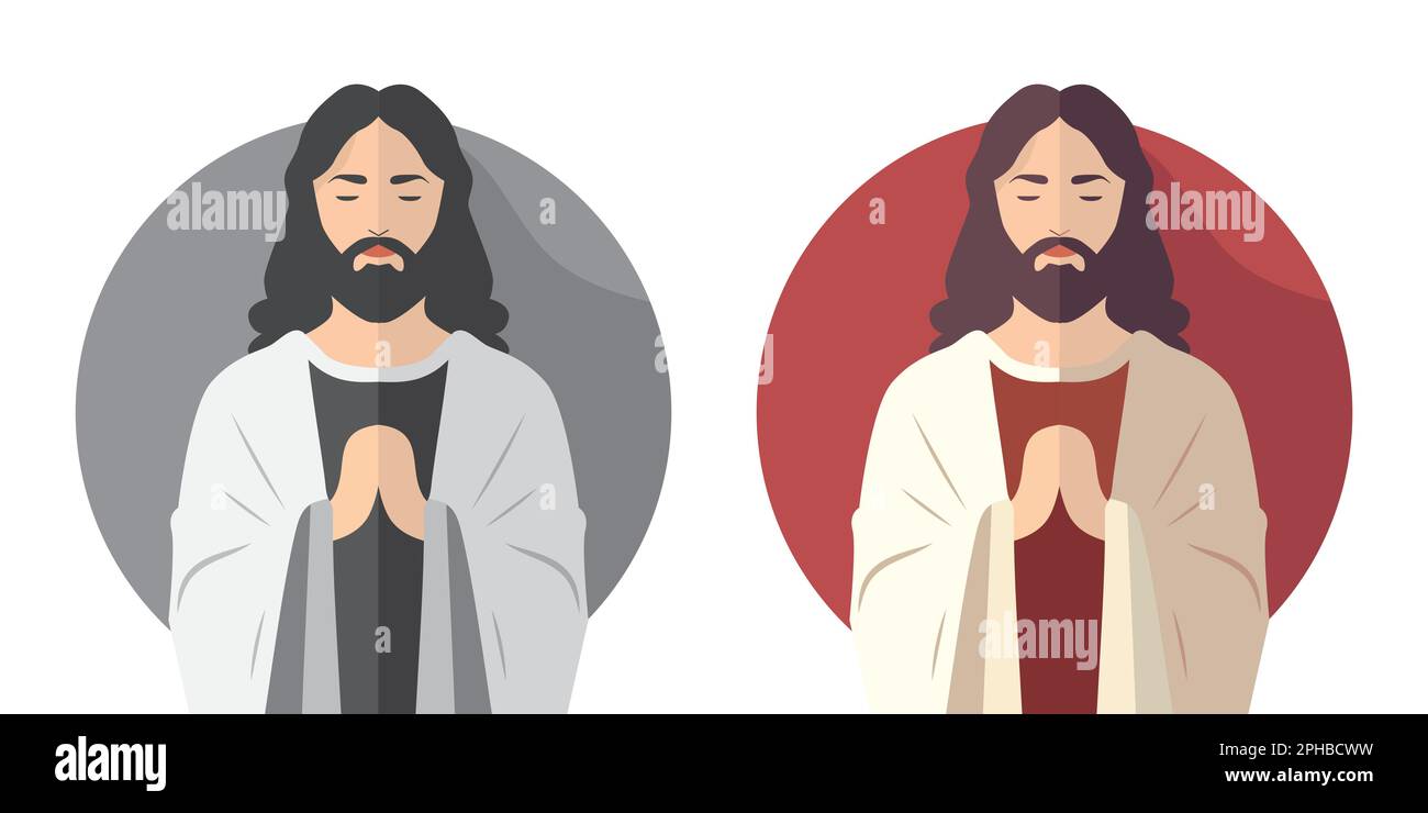 Jesus Christus mit Gebeten, flaches Design isoliert auf weißem Hintergrund Stock Vektor