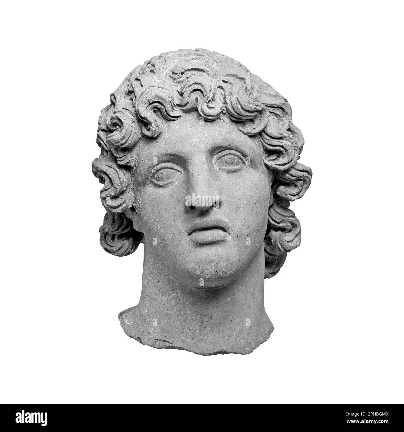 Antiker Terrakotta-Kopf der griechischen Jugend isoliert auf weißem Hintergrund, Blick auf ein uraltes Männerporträt Stockfoto
