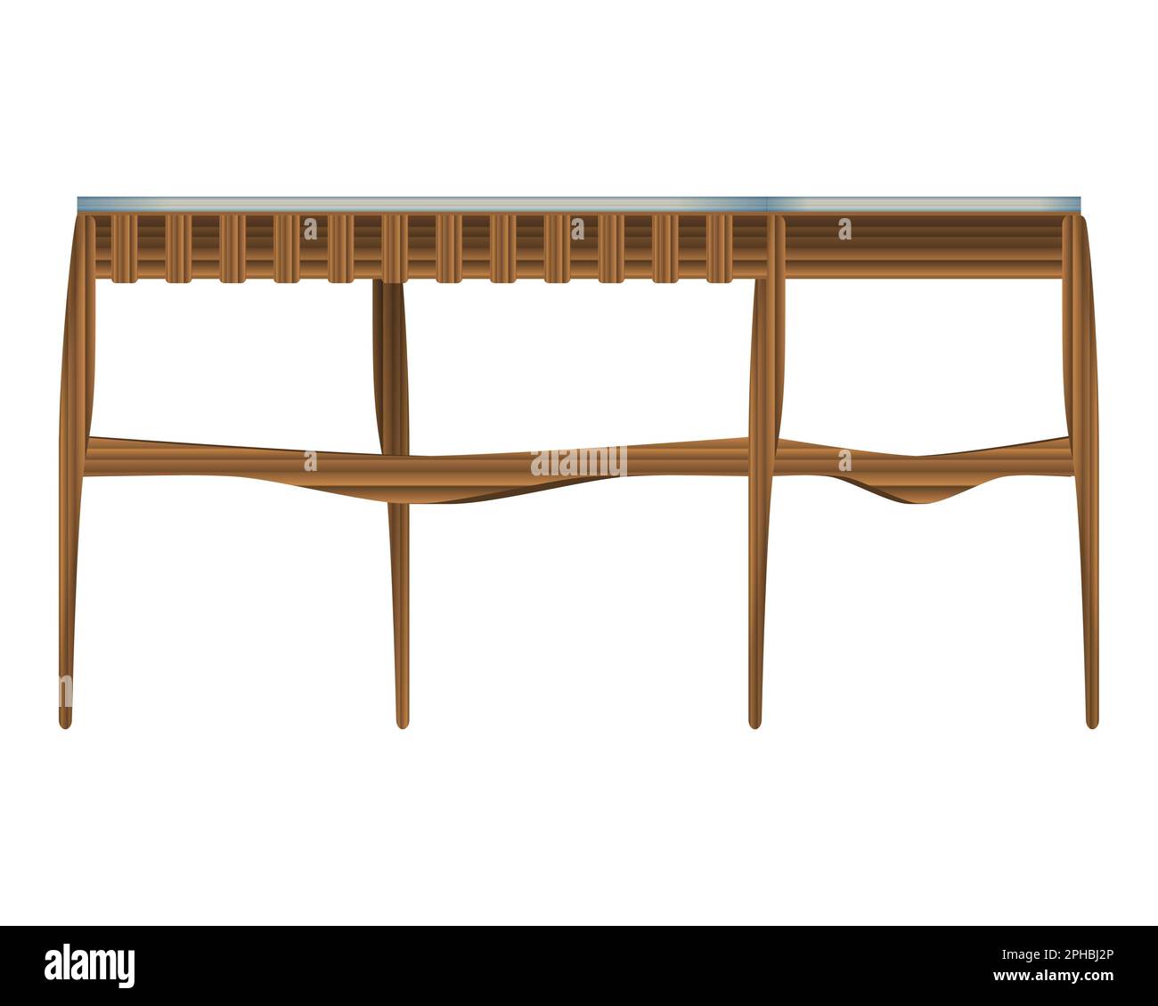 Faltbarer Holztisch, Dreiviertelansicht in realistischem Stil. Türkisfarbene Tischplatte. Heim Holzmöbel Design. Farbenfrohe Illustration auf weißem Hintergrund Stockfoto