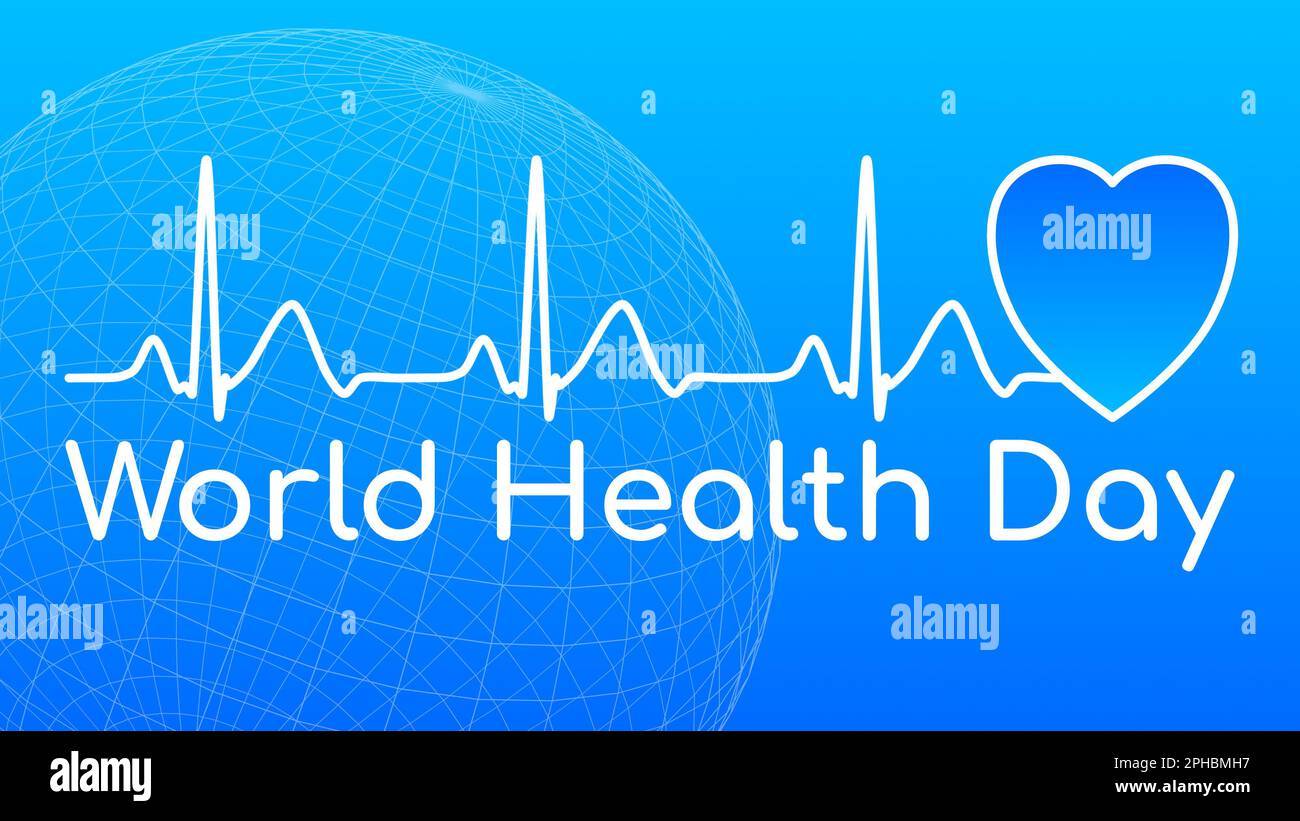 Weltgesundheitstag 7. 2023. April, um das globale Gesundheitsbewusstseinskonzept mit Herzschlag-Pulsdiagramm und Erde-Globus-Illustration zu feiern Stockfoto