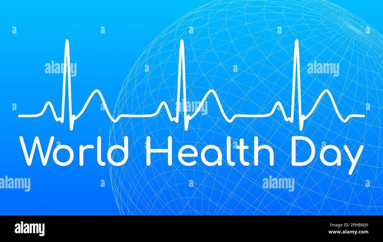 Weltgesundheitstag 7. 2023. April, um das globale Gesundheitsbewusstseinskonzept mit Herzschlag-Pulsdiagramm und Erde-Globus-Illustration zu feiern Stockfoto