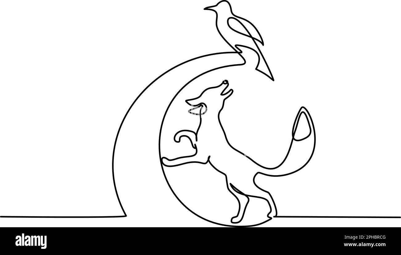 Fuchs springt nach Vogel. Durchgehende Zeichnung mit einer Linie. Isolierte schwarze Vektorhand zeichnet Kontur auf weißem Hintergrund Stock Vektor