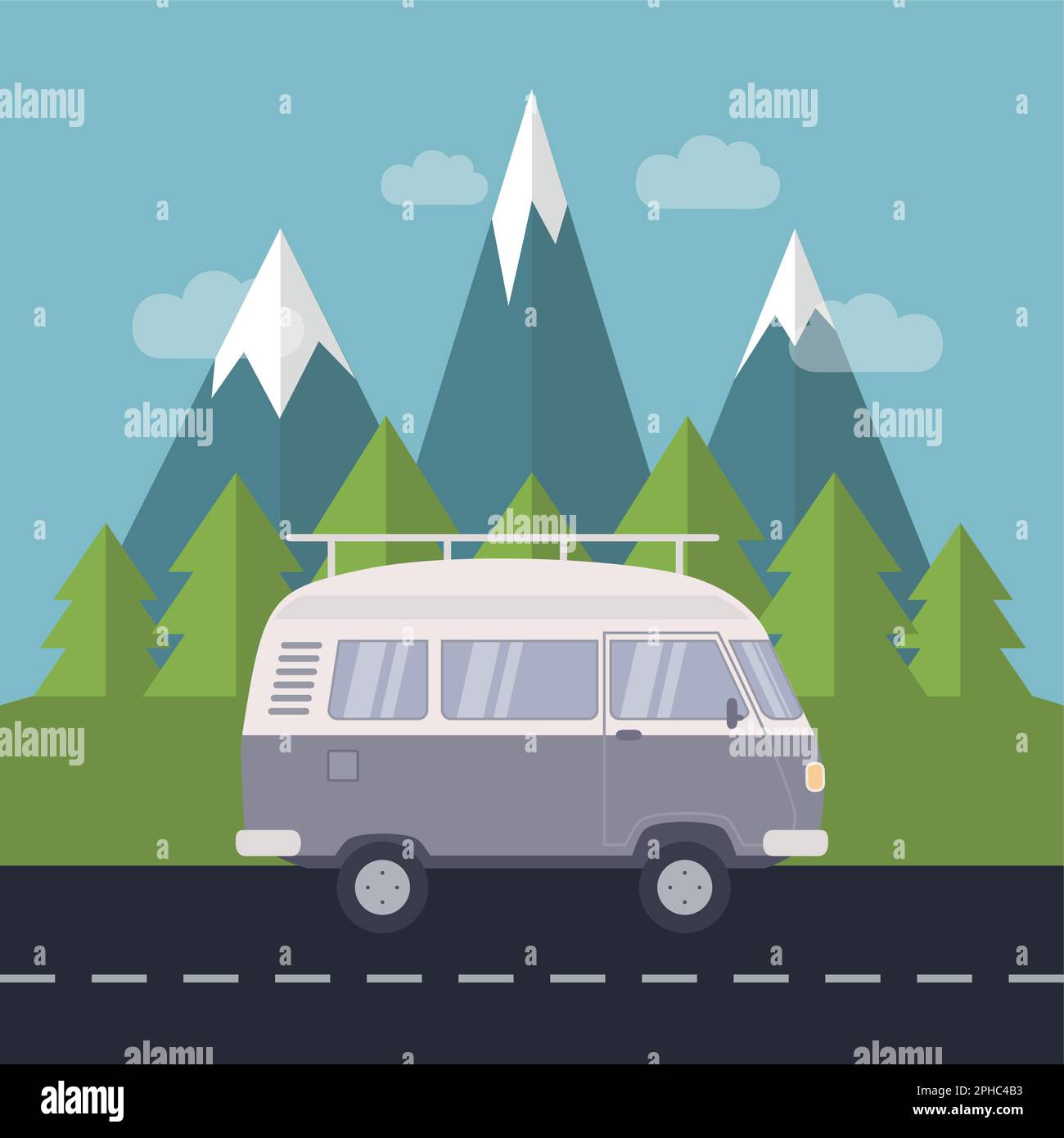 Wohnmobil in der Natur mit schneebedeckten Bergen und Blick auf den Wald Stock Vektor