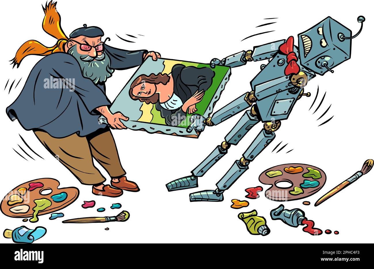 Die technologische Zukunft steht bevor. Kämpfe für das Urheberrecht. Künstliche Intelligenz gegen Künstler Stock Vektor