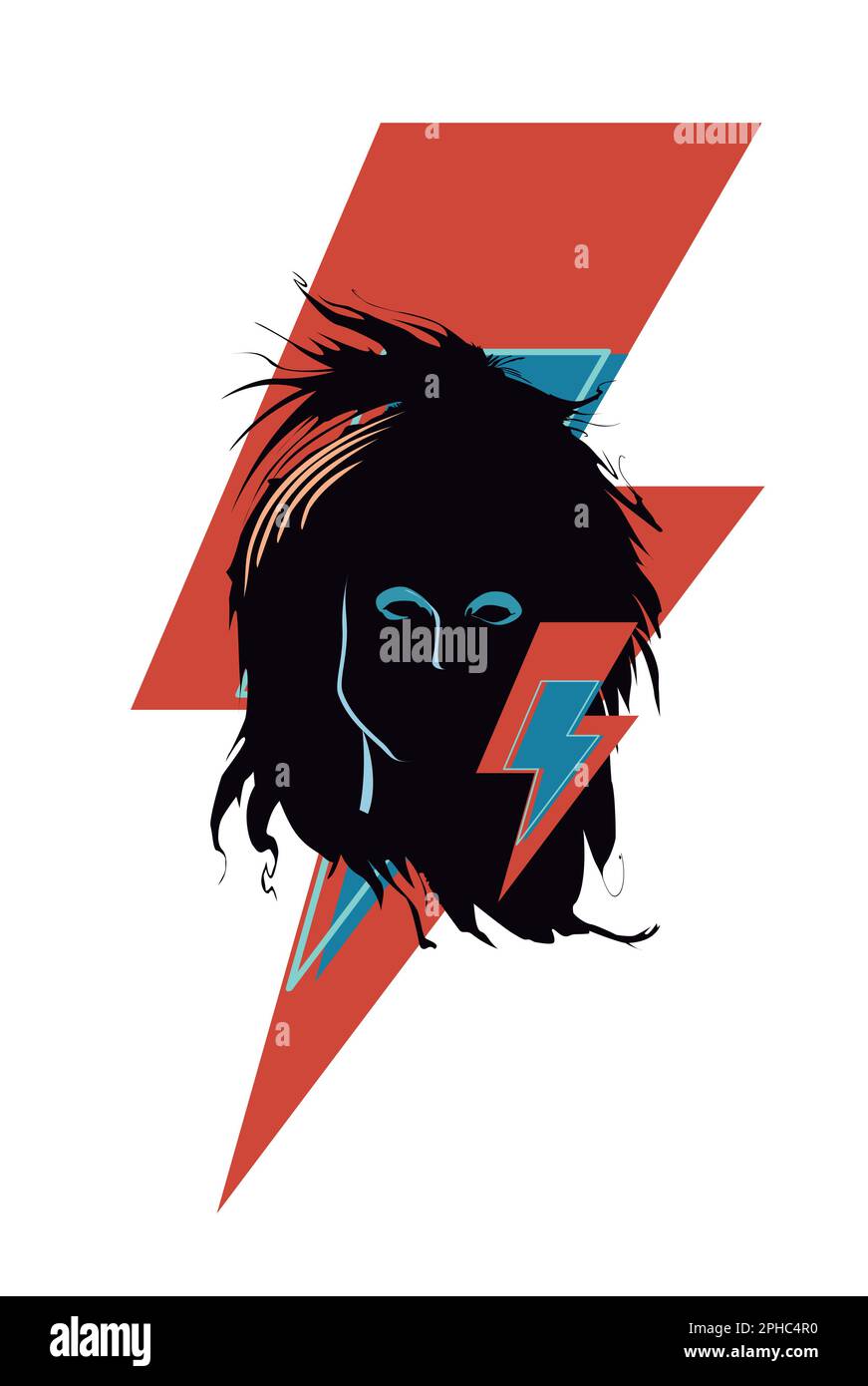Design für ein T-Shirt mit dem Symbol für Donner und dem Gesicht eines Rockmusikers aus den 80ern. glamour-Rock-Poster Stock Vektor