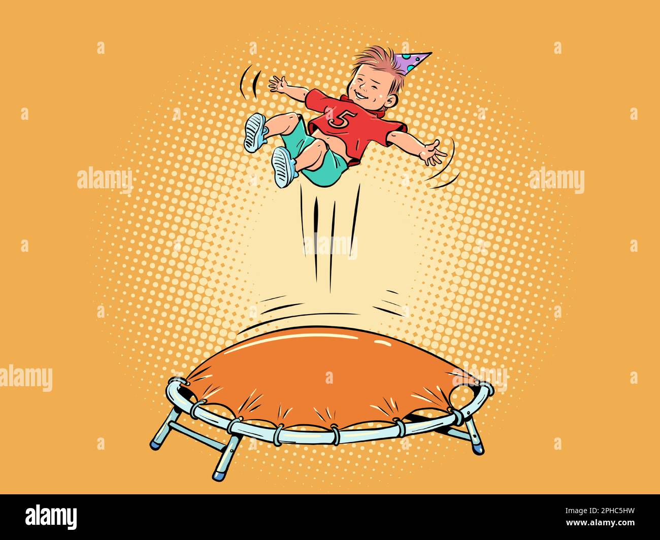 Der Junge springt auf das Trampolin. Unterhaltung für einen Kindergeburtstag. Werbung für ein Unterhaltungszentrum für Kinder. Stock Vektor