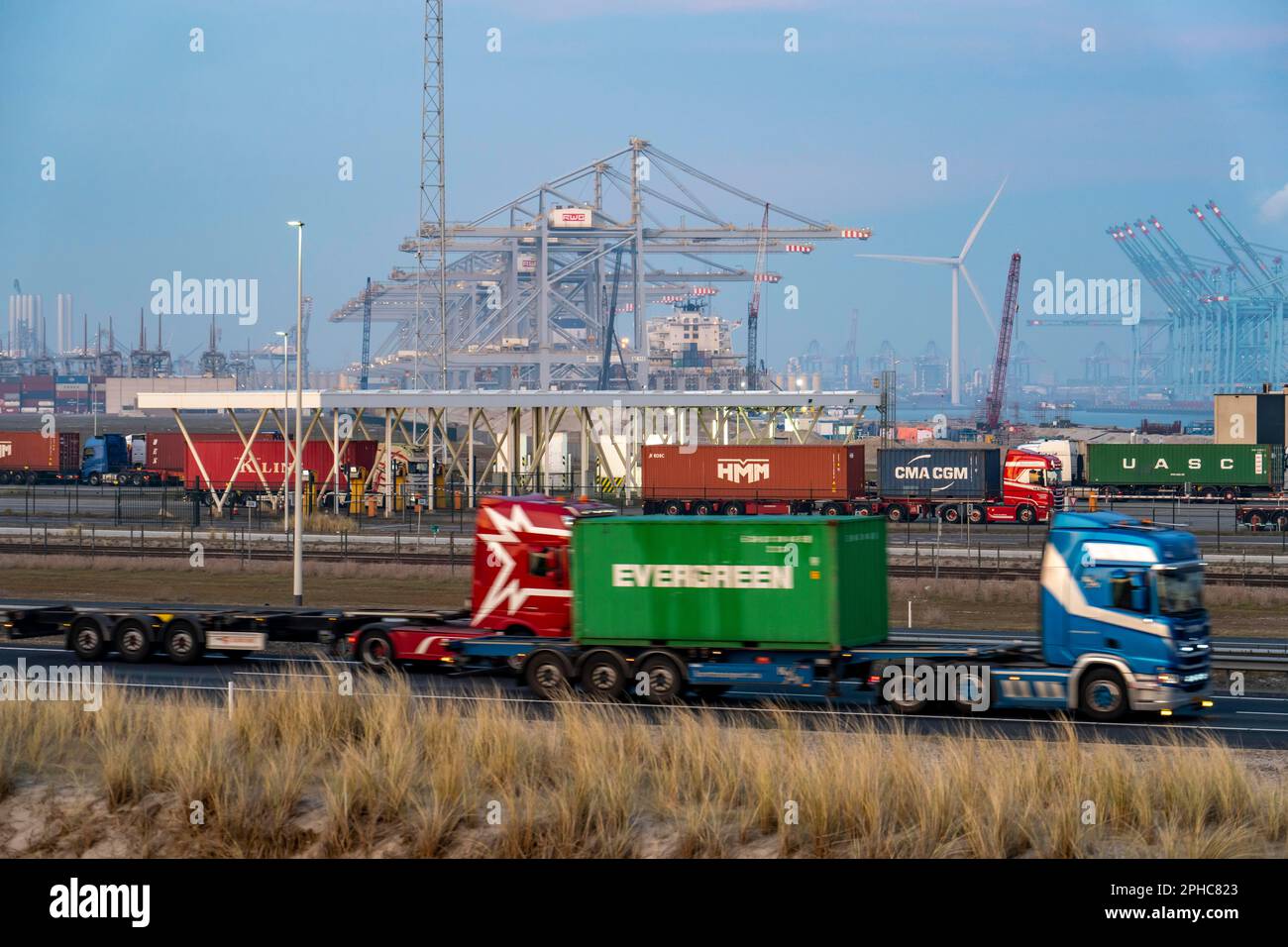 Hafen von Maasvlakte2, ein- und Ausgangskontrolle zum RWG Container Terminal, Containerwagen, die Container zum und vom Container t aufnehmen und bringen Stockfoto