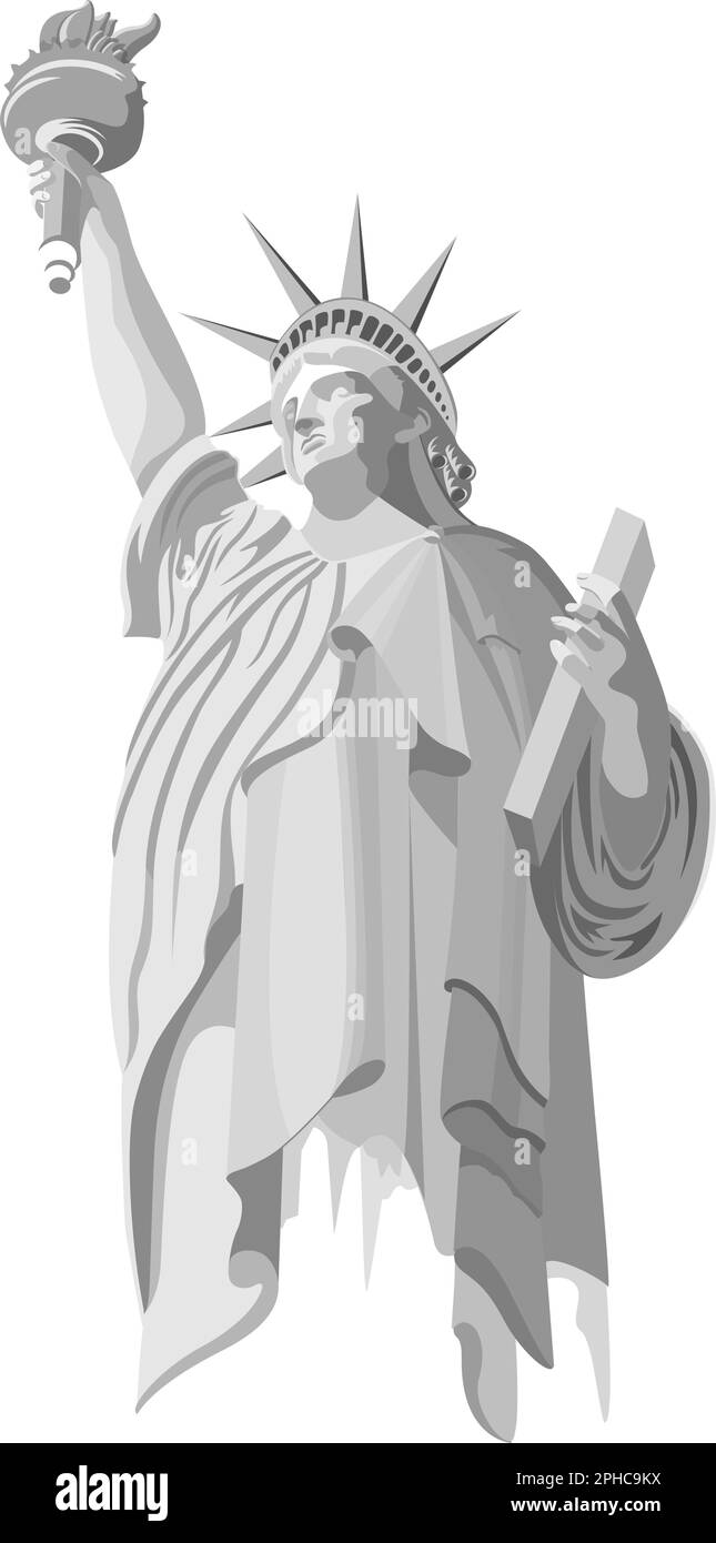 Freiheitsstatue, New York City „Lady of the Harbor“ – Graustufen. Symbol für NYC und USA. Auch in Farbe und als schwarze 1/c-Strichgrafik erhältlich; Stock Vektor
