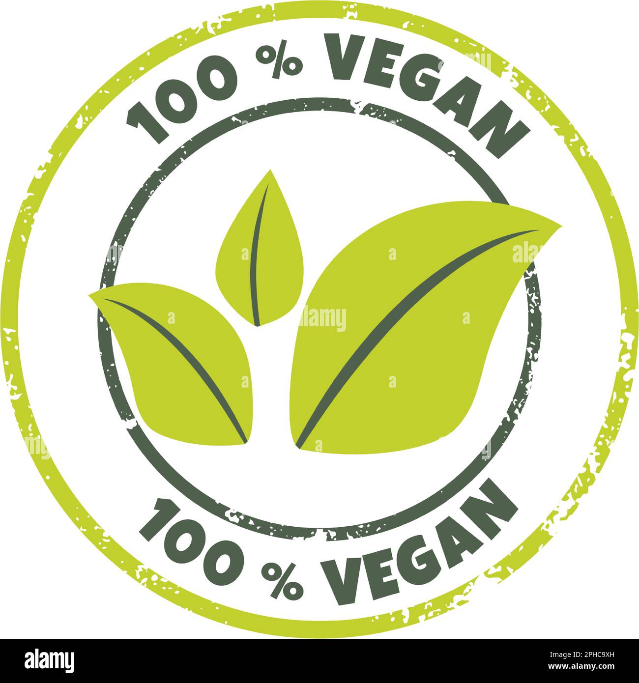 100 Prozent vegane Ikone. Vektoretikett, Logo, Aufkleber. Strukturiertes rundes Bio-Öko-Symbol mit grünen Blättern. Das Konzept des laktosefreien, gewaltfreien Er Stock Vektor