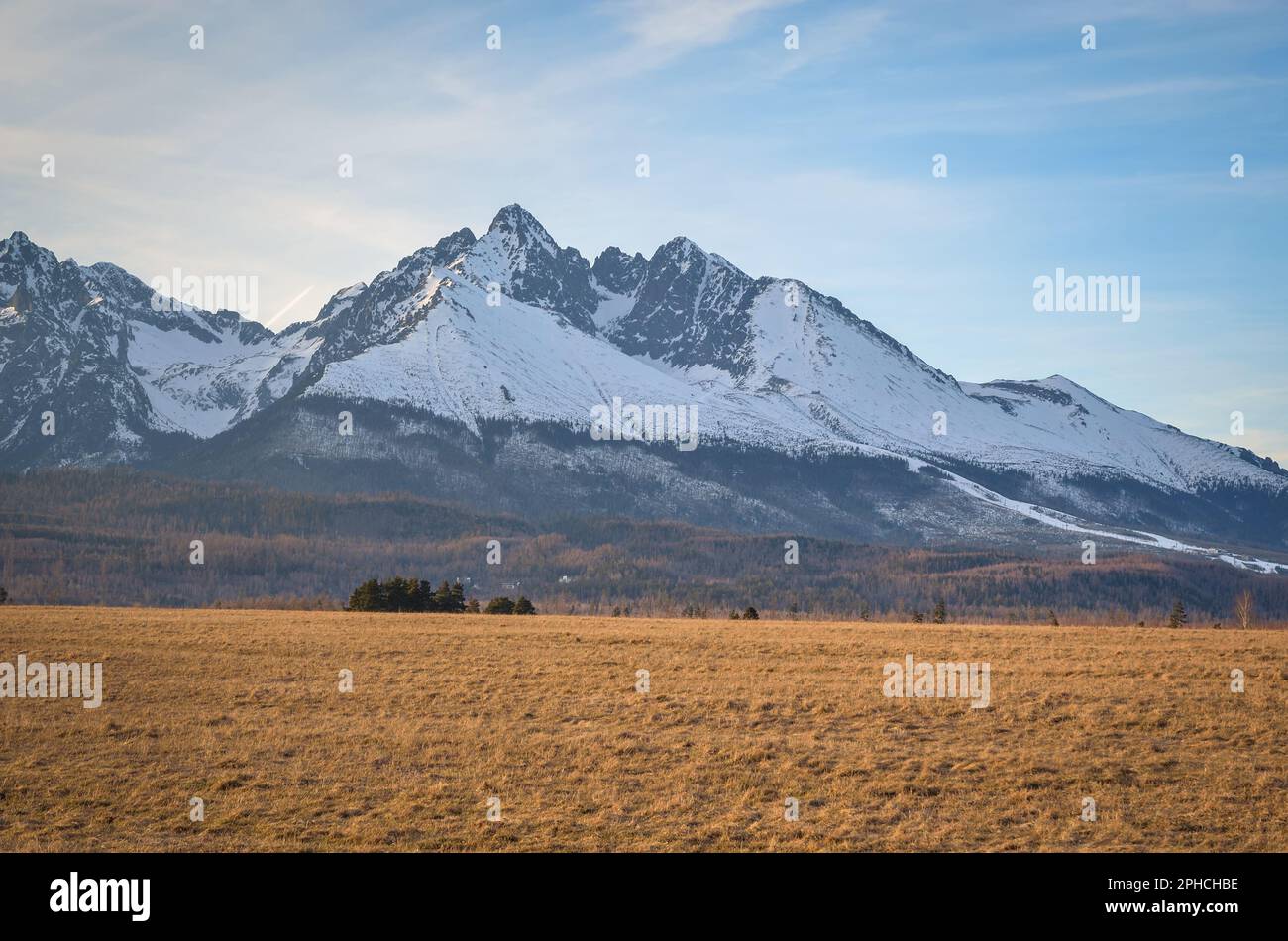 Wunderschönes, bergiges Frühlingspanorama. Weißer schneebedeckter Gipfel in der slowakischen Tatra. Foto im Dorf Nova Lesna, Slowakei. Stockfoto