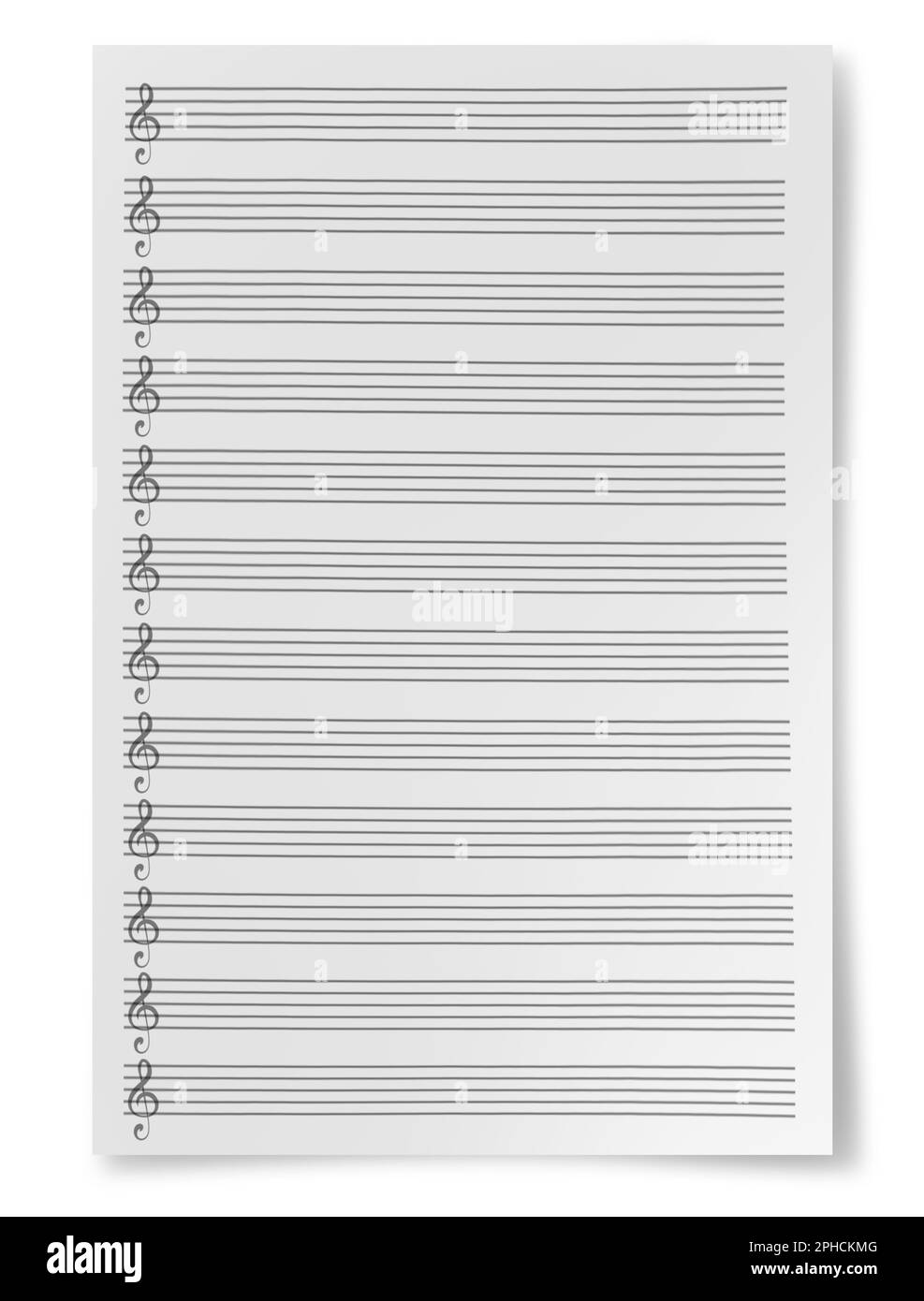 Leeres Blatt Musikkomposition Manuskript Personal isoliert auf weißem Hintergrund Stockfoto