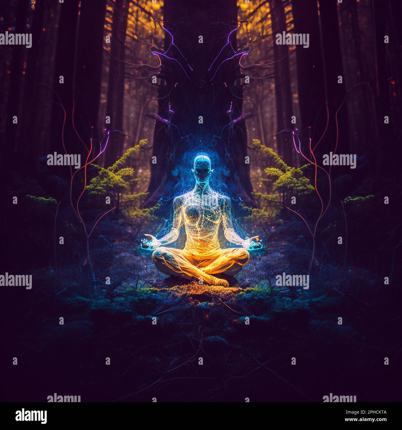 Farbenfrohe Darstellung eines Yogi in Meditationsposition mit Chakren, die Licht aussenden Stockfoto