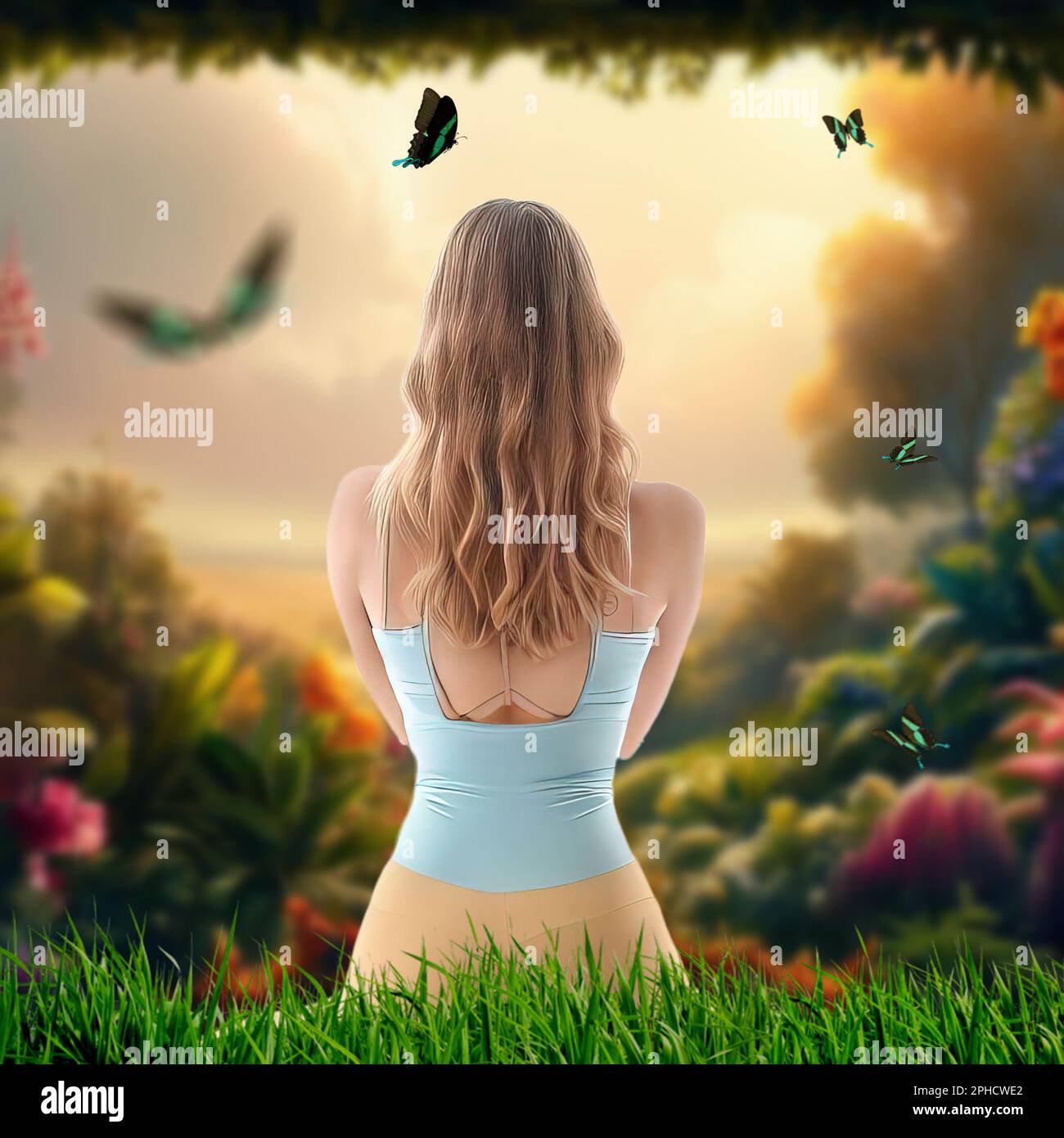 (Meditation) Wahrnehmungsbild einer Frau, die von hinten gesehen wird und an einem idyllischen Ort meditiert, umgeben von Grün Stockfoto