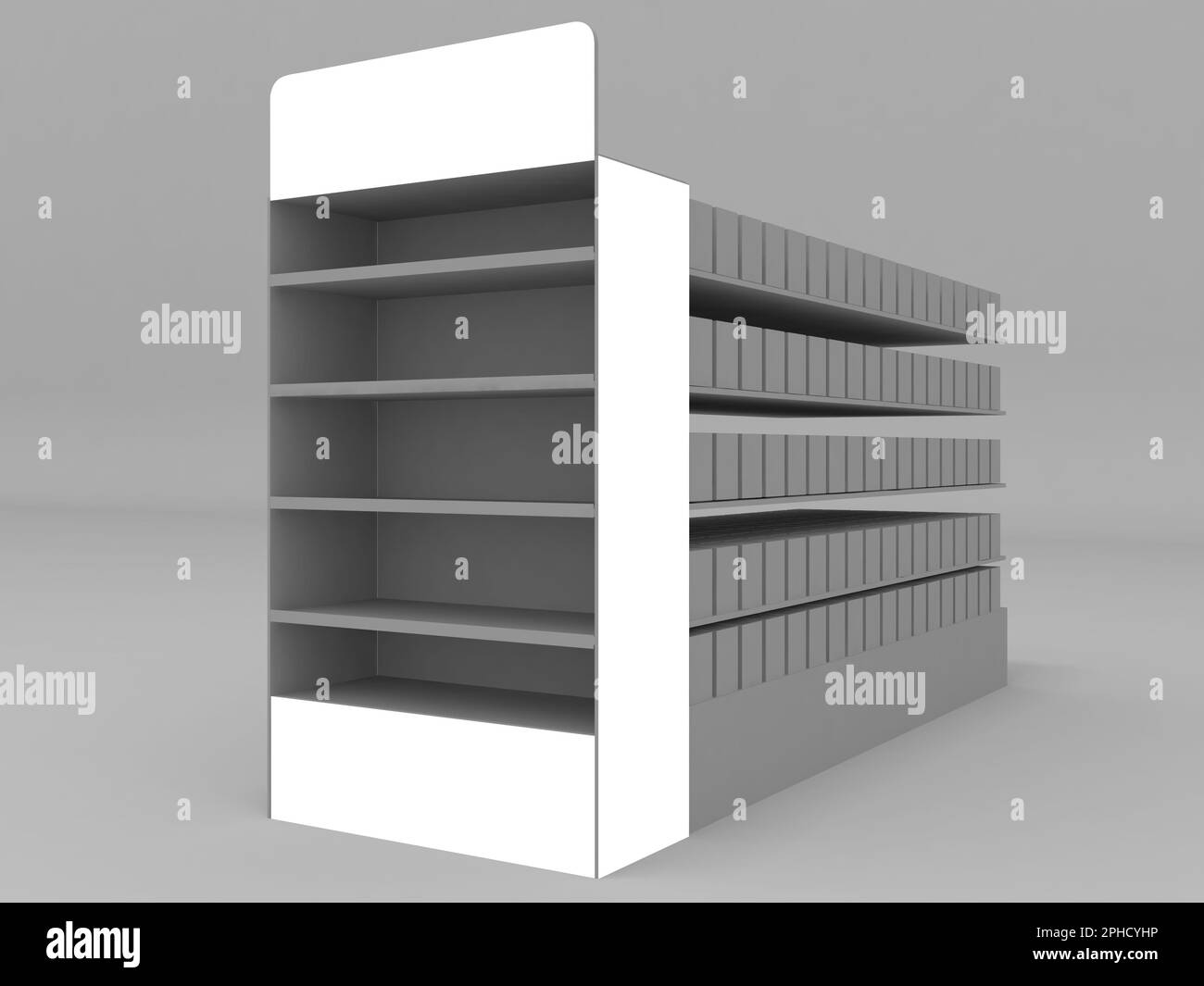Supermarkt-Gang mit Regalen und Produkten. 3D-Rendering-Abbildung Stockfoto