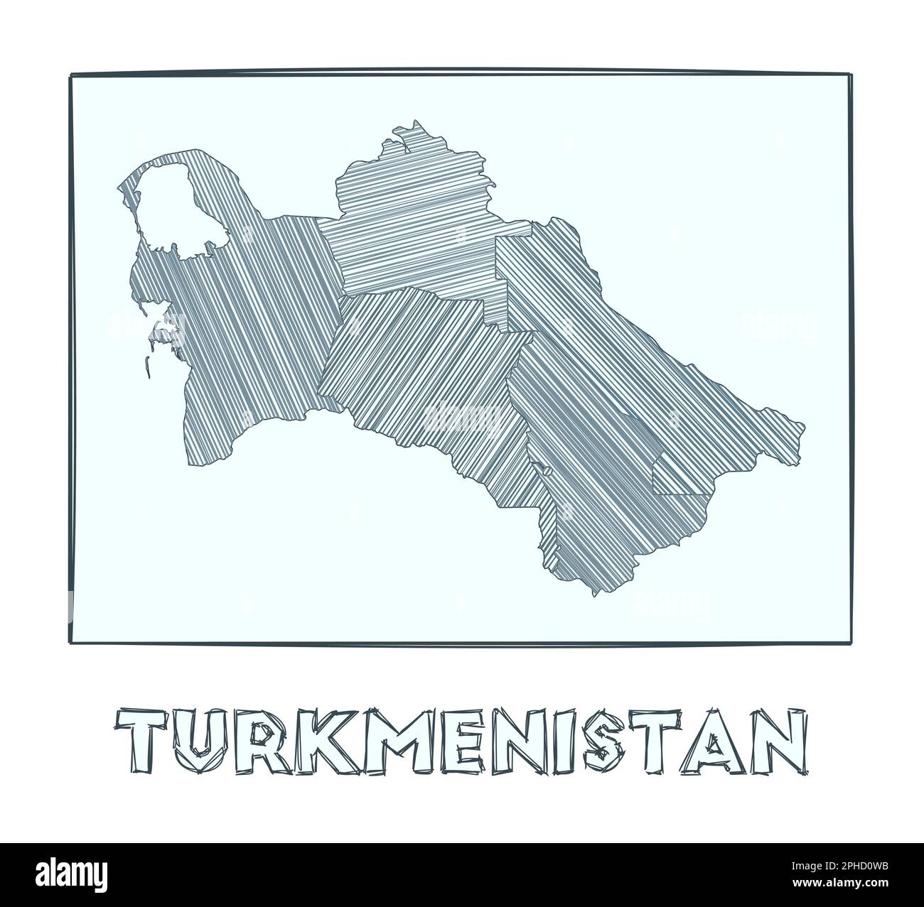 Skizzenkarte von Turkmenistan. Von Hand gezeichnete graue Landkarte des Landes. Gefüllte Regionen mit Hachure-Streifen. Vektorabbildung. Stock Vektor