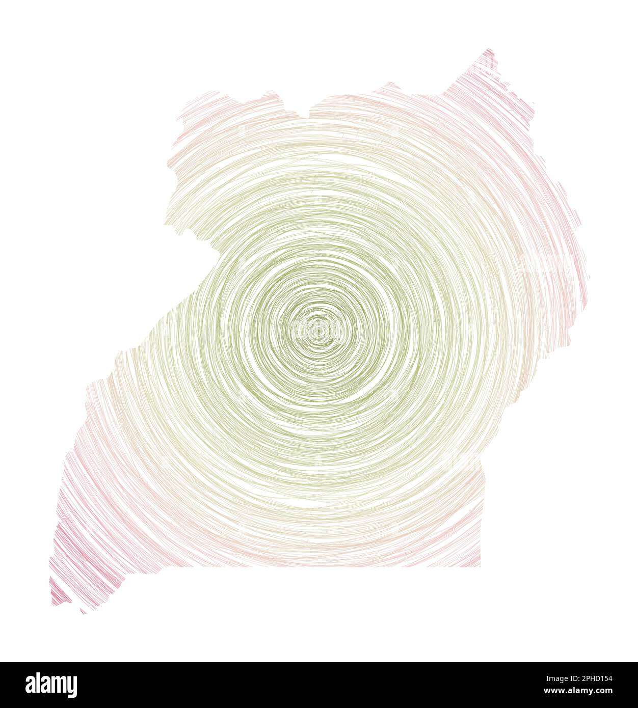 Uganda-Karte gefüllt mit konzentrischen Kreisen. Skizzieren Sie Kreise in Form des Landes. Vektorabbildung. Stock Vektor