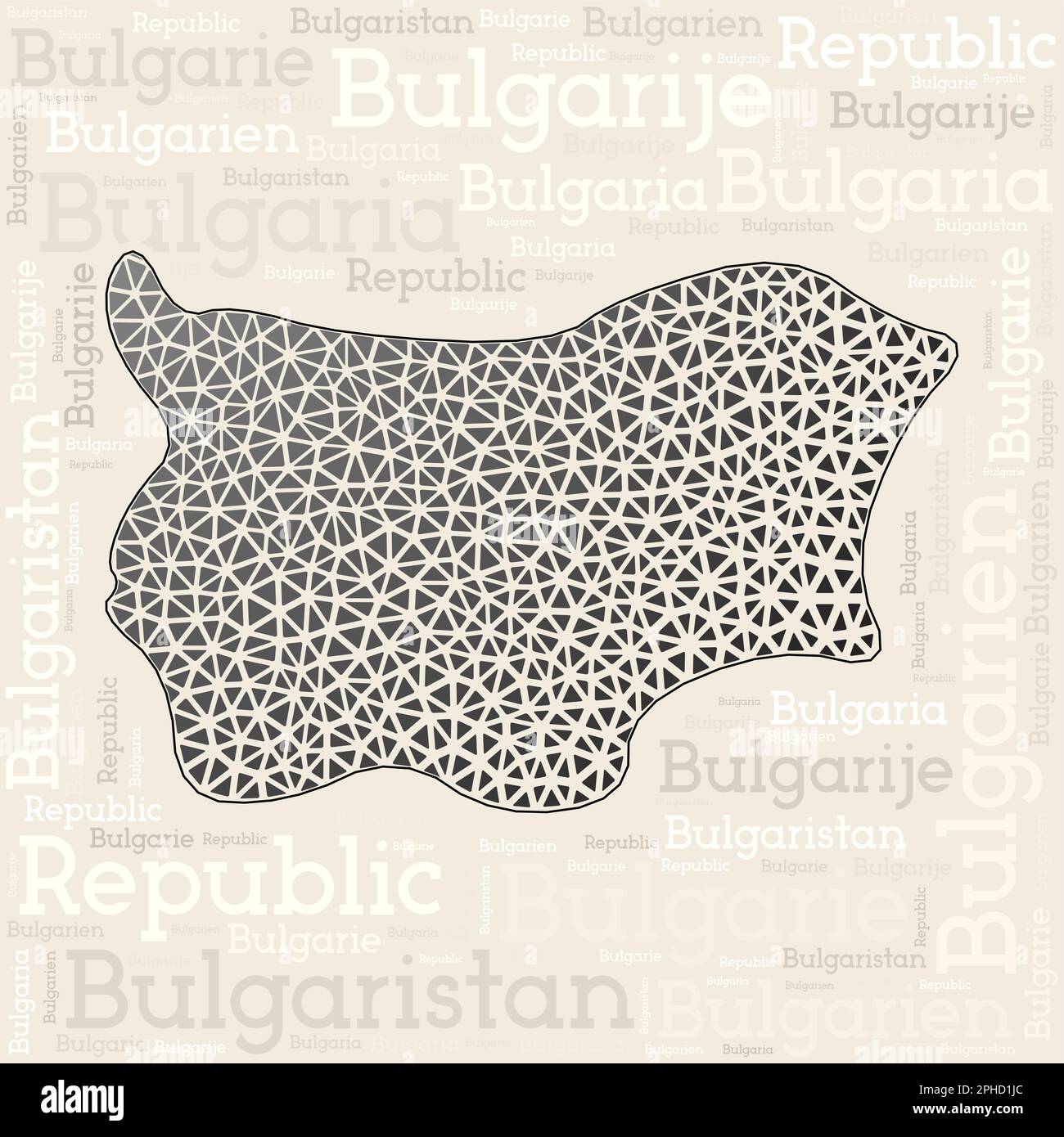 Kartendesign für Bulgarien. Ländernamen in verschiedenen Sprachen und Kartenform mit geometrischen niedrigen Poly-Dreiecken. Fantastische Vektor-Illustration von Bulgarien. Stock Vektor