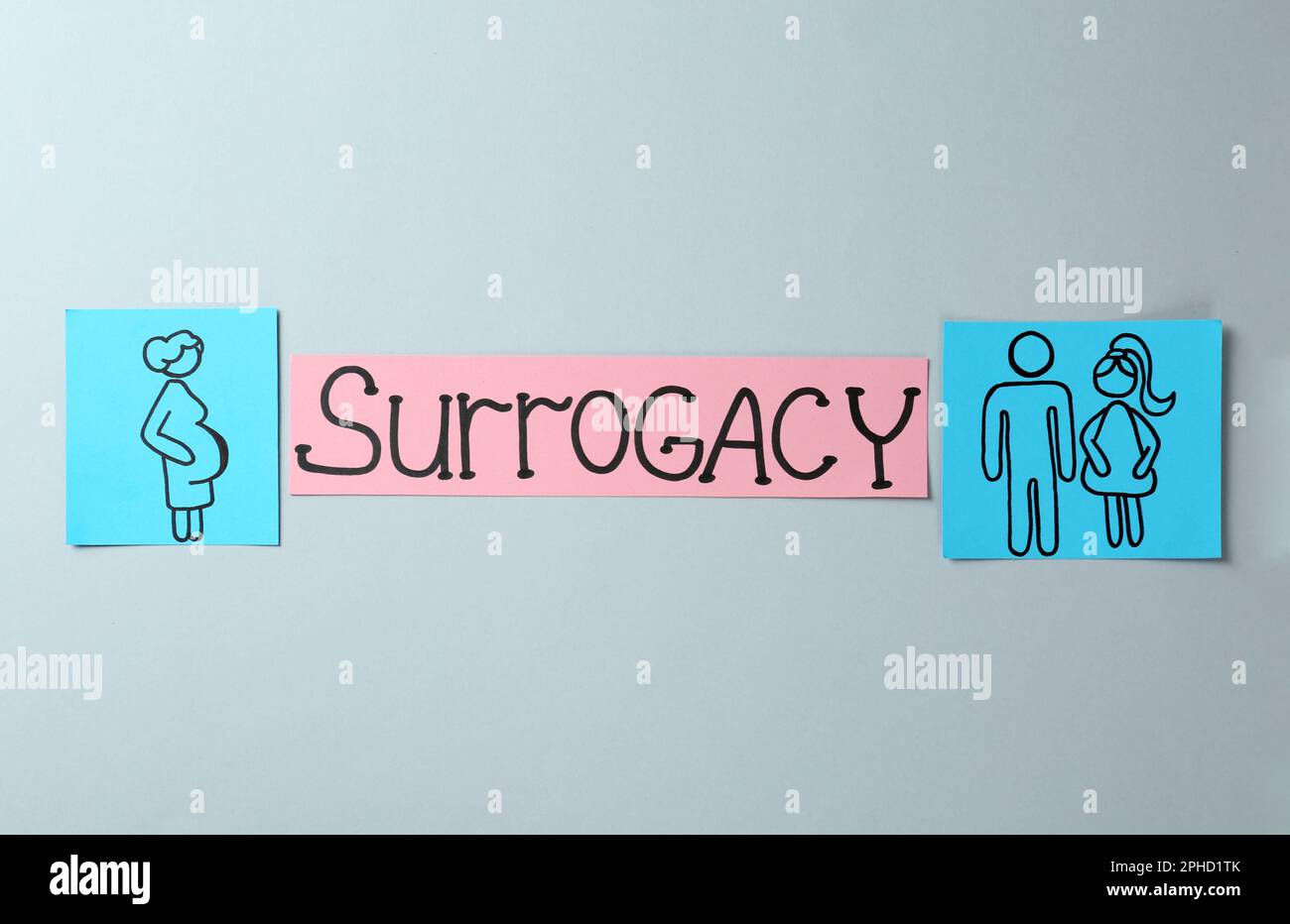 Notizen in Papierform mit dem Wort Surrogacy und Zeichnungen auf hellgrauem Hintergrund, flach liegend Stockfoto