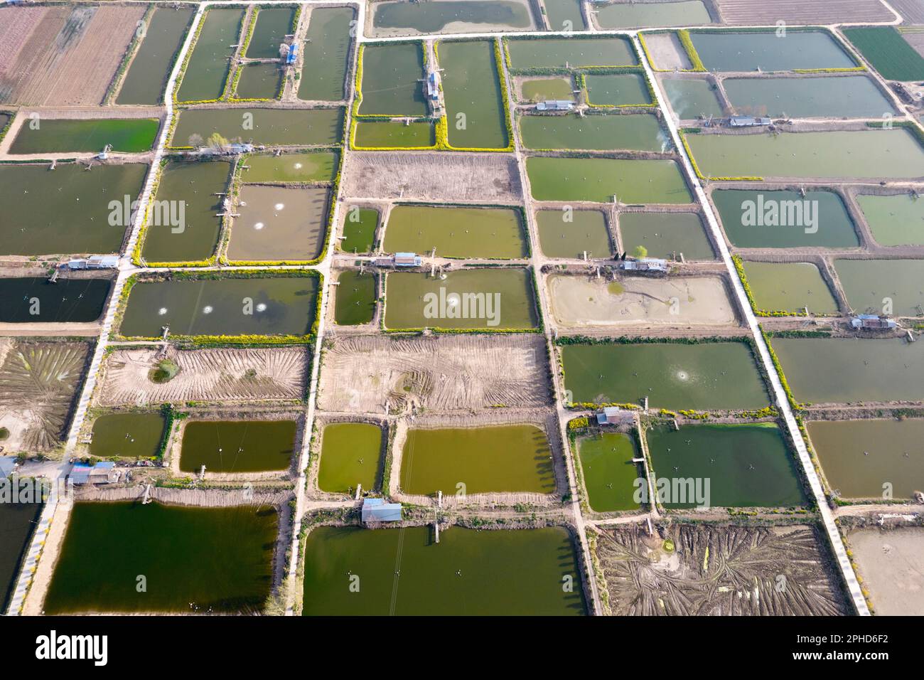 YUNCHENG, CHINA - 27. MÄRZ 2023 - Luftfoto aufgenommen am 27. März 2023 zeigt Fischteiche in der 10.000-mu-Aquakulturbasis des Yellow River Beach in Yu Stockfoto