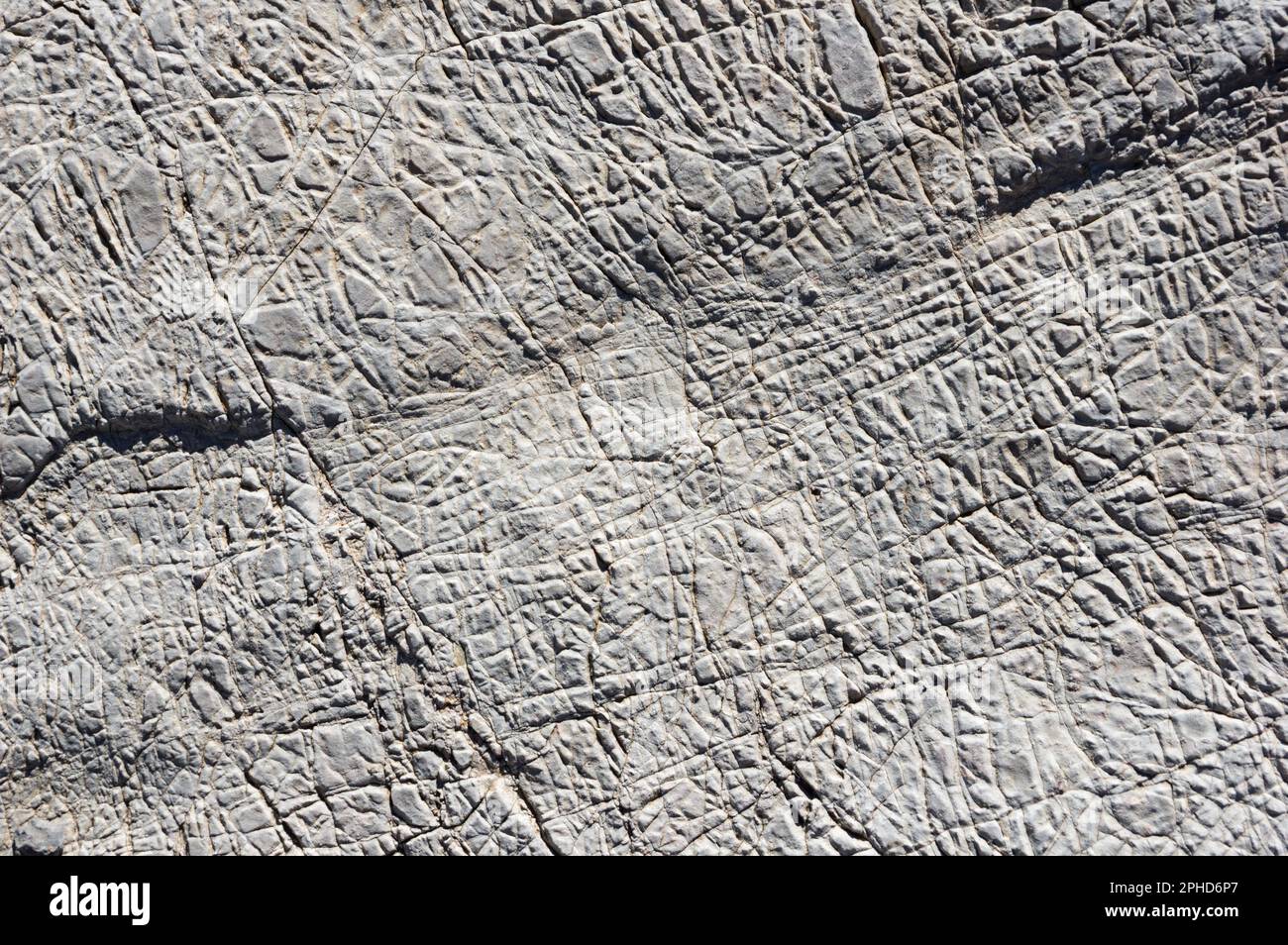 Verwitterte graue Hintergrundstruktur aus Wüstenkalkstein mit Lösungsmuster und Rissen Stockfoto