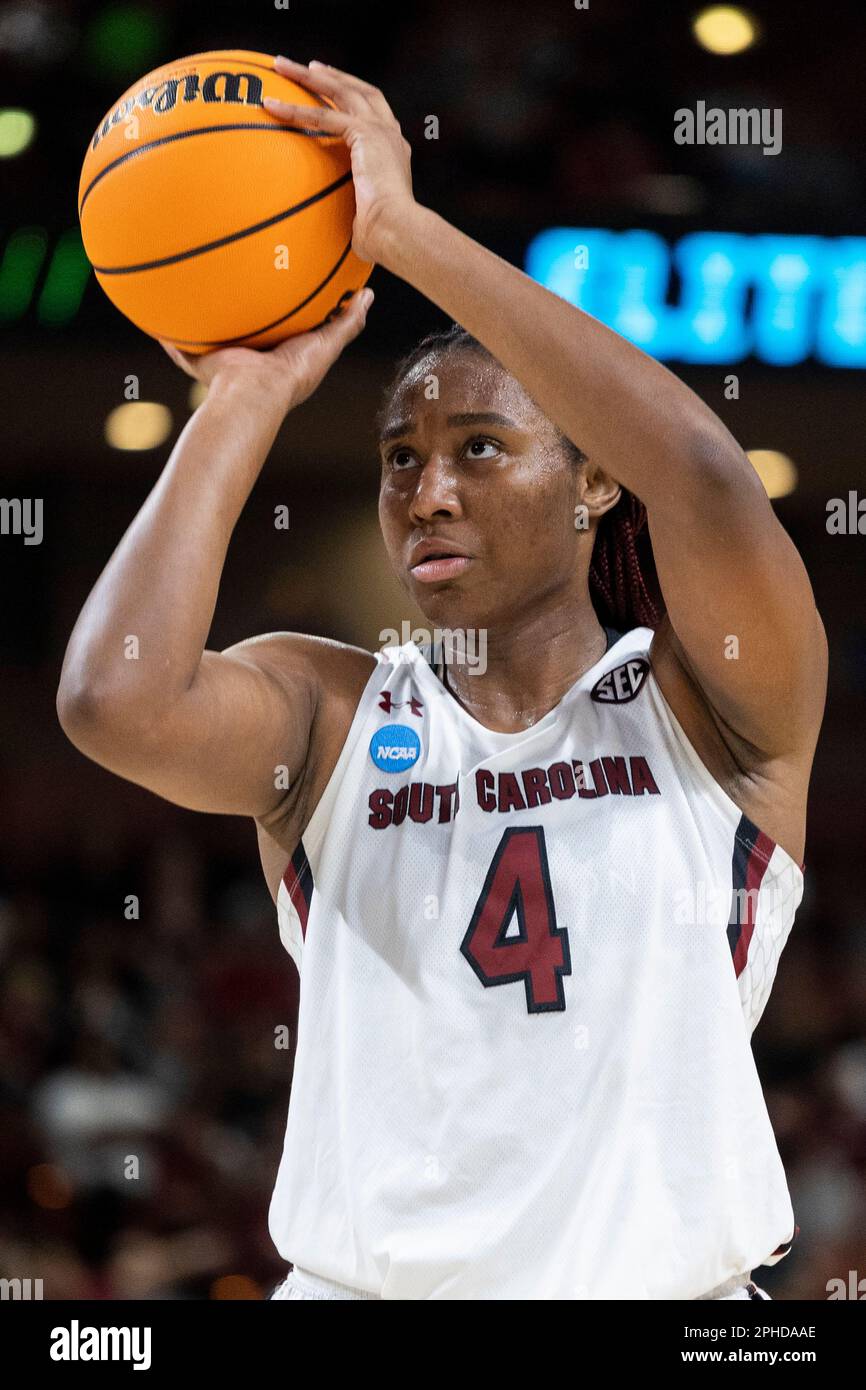 South Carolina's Aliyah Boston shoots a free throw against Maryland in