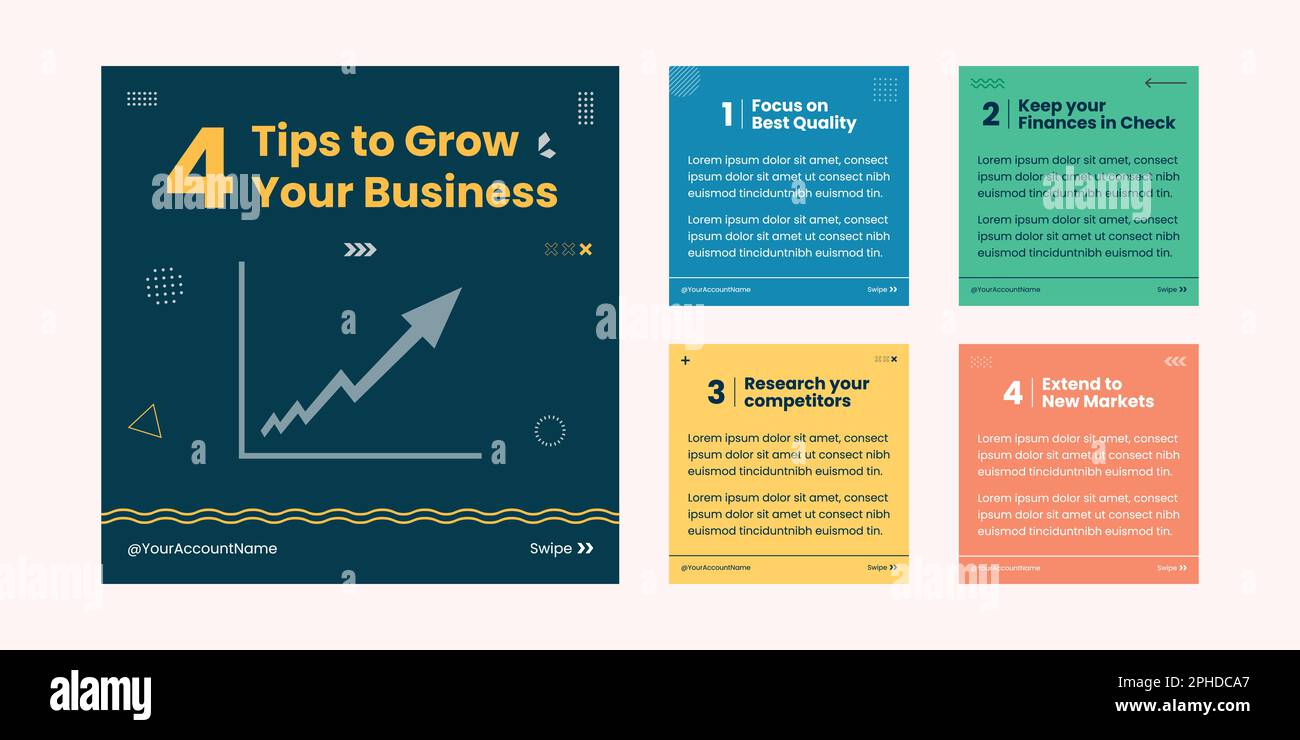 Tipps Instagram Post Collection Design, Social Media Post Template, 4 Tipps zum Wachstum des Unternehmens Stock Vektor