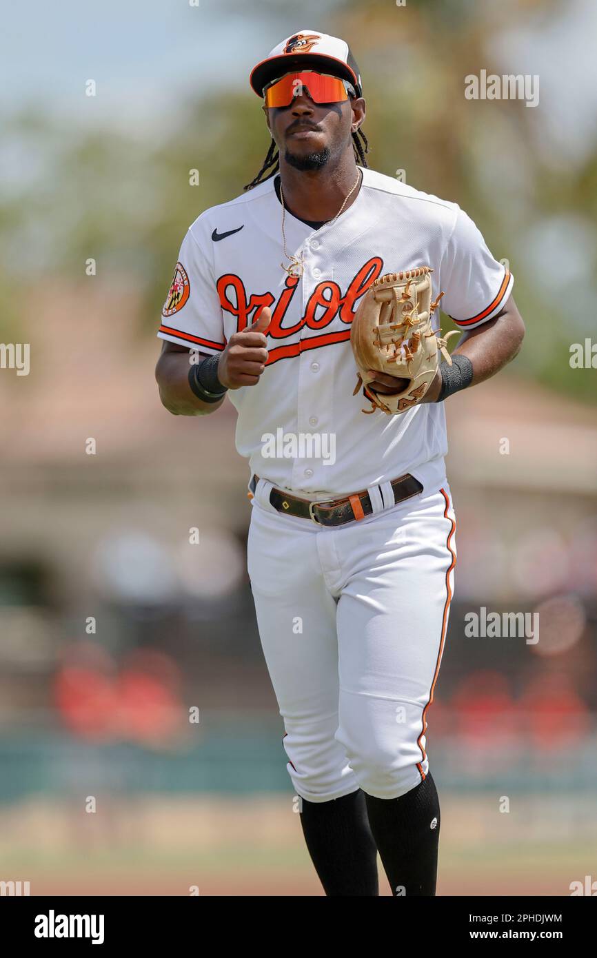 27. März 2023; Sarasota FL USA; Baltimore Orioles Shortstop Jorge Mateo (3) geht vor einem MLB-Frühjahrstraining gegen die St. Stockfoto