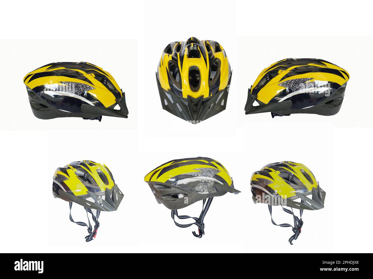 Fahrradhelm. Blauer Fahrradhelm isoliert auf weißem Hintergrund. Perspektive des Fahrradhelms Stockfoto