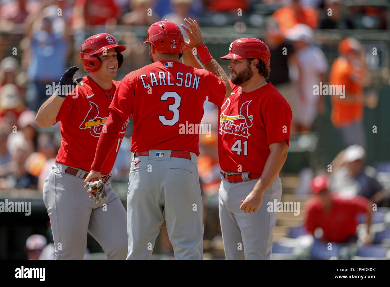 27. März 2023; Sarasota FL USA; St. Louis Cardinals Infielder Jacob Buchberger (11) wird von Mittelfeldspieler Dylan Carlson (3) und Right Fi beglückwünscht Stockfoto