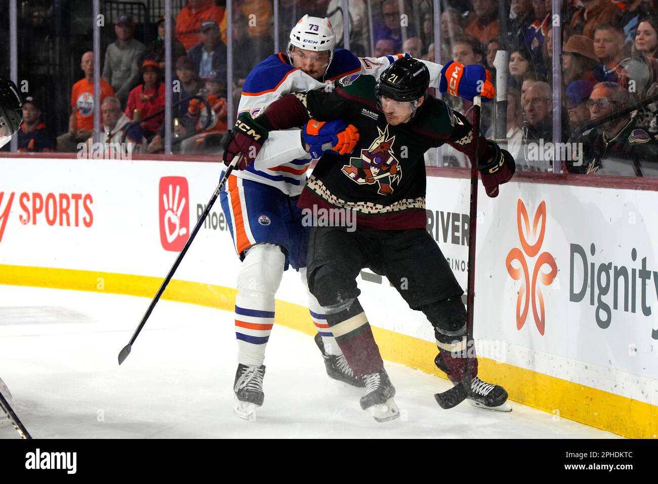 Edmonton Oilers defenseman Vincent Desharnais (73) and Arizona Coyotes