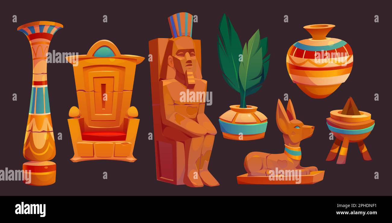 Antiker ägyptischer gott und pharao Statuen, Thron, Vase und Säule für Palast, Tempel oder Grab. Pyramiden-Innenobjekte, Skulpturen von pharao und anubis, Vektorgrafikset Stock Vektor