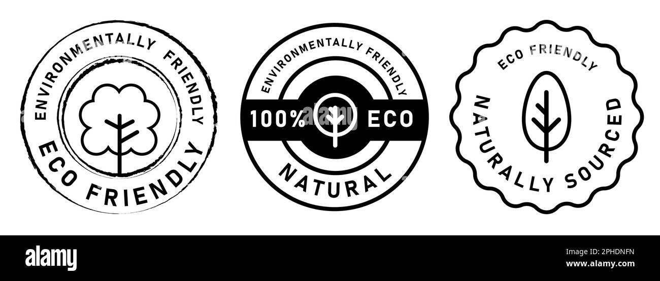 Umweltfreundliches, ethisch begründetes, natürliches Etikett und Stempel in schwarz-weiß, transparentes Baumsymbol Stock Vektor