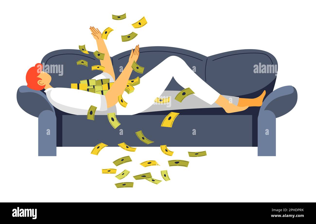 Reicher Mann, der auf dem Sofa liegt, wirft Geld herauf Vektor Stock Vektor