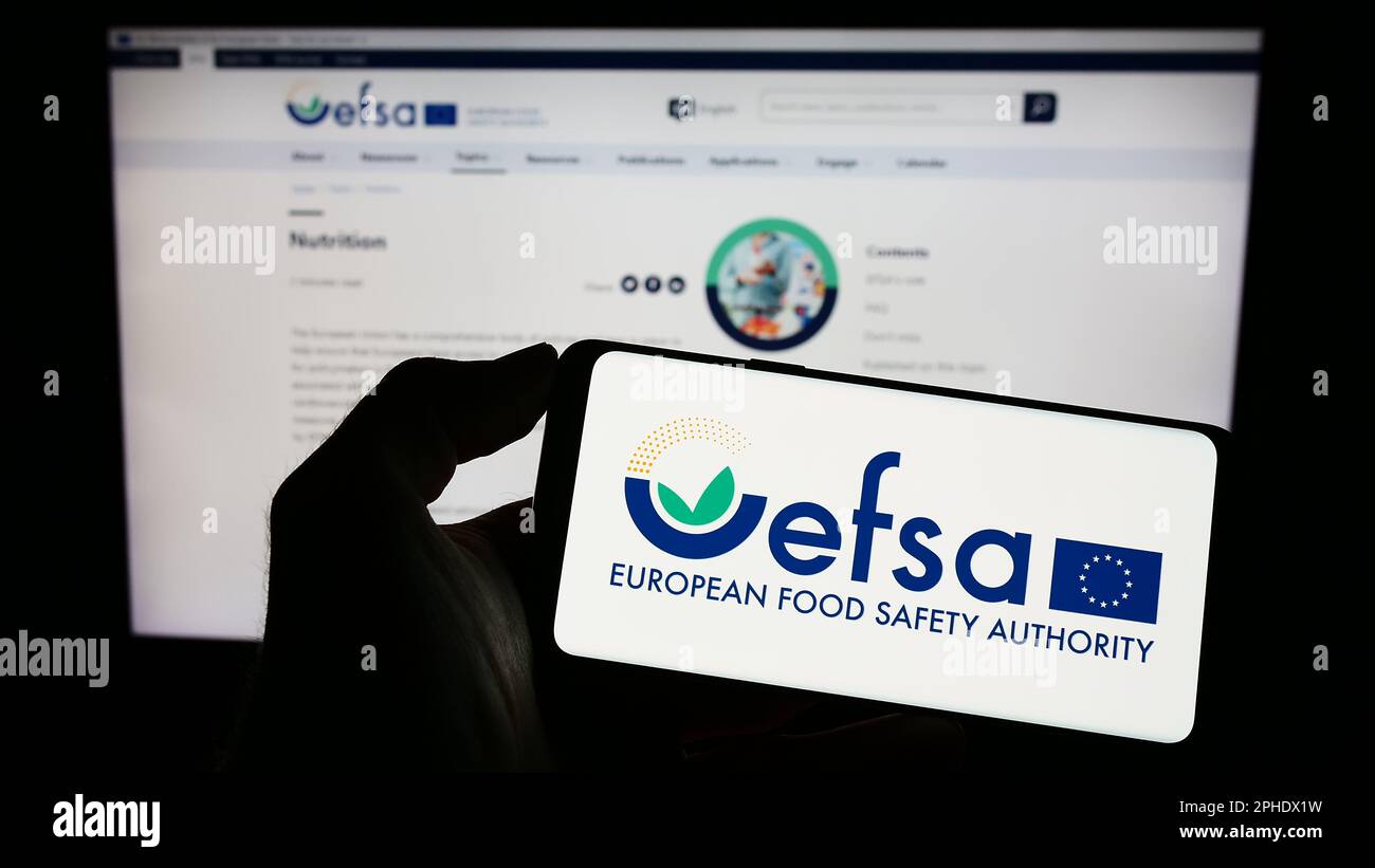 Person, die ein Mobiltelefon mit dem Logo der EU-Agentur Europäische Behörde für Lebensmittelsicherheit (EFSA) auf dem Bildschirm vor der Webseite hält. Konzentrieren Sie sich auf das Display des Telefons. Stockfoto